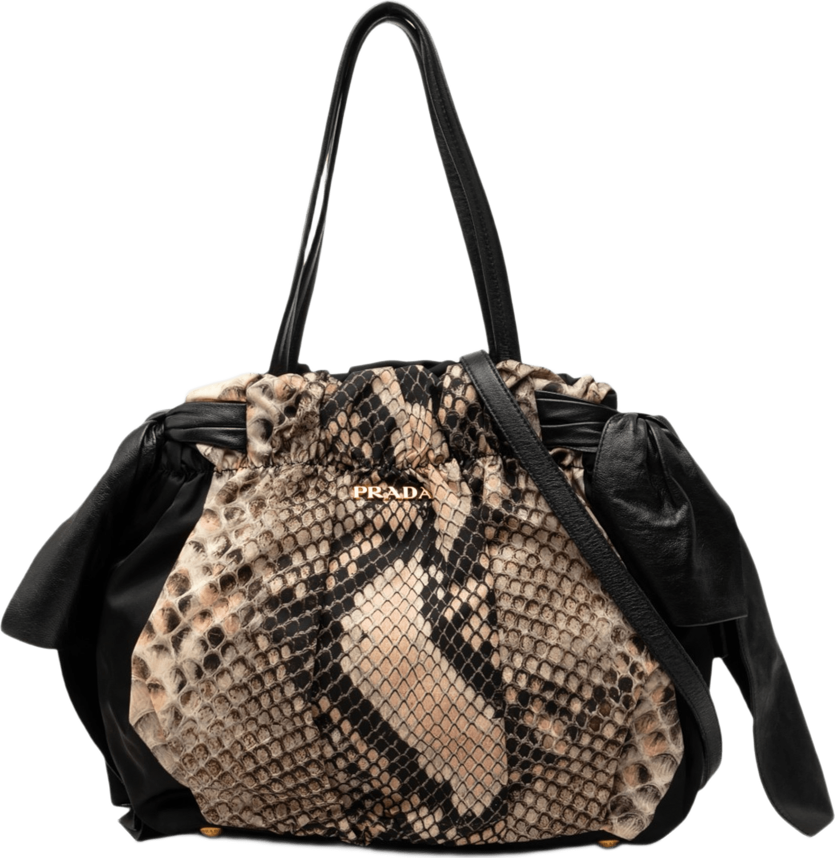 Prada Tessuto Python Print Bow Satchel, från Luxclusif, i färgen svart.