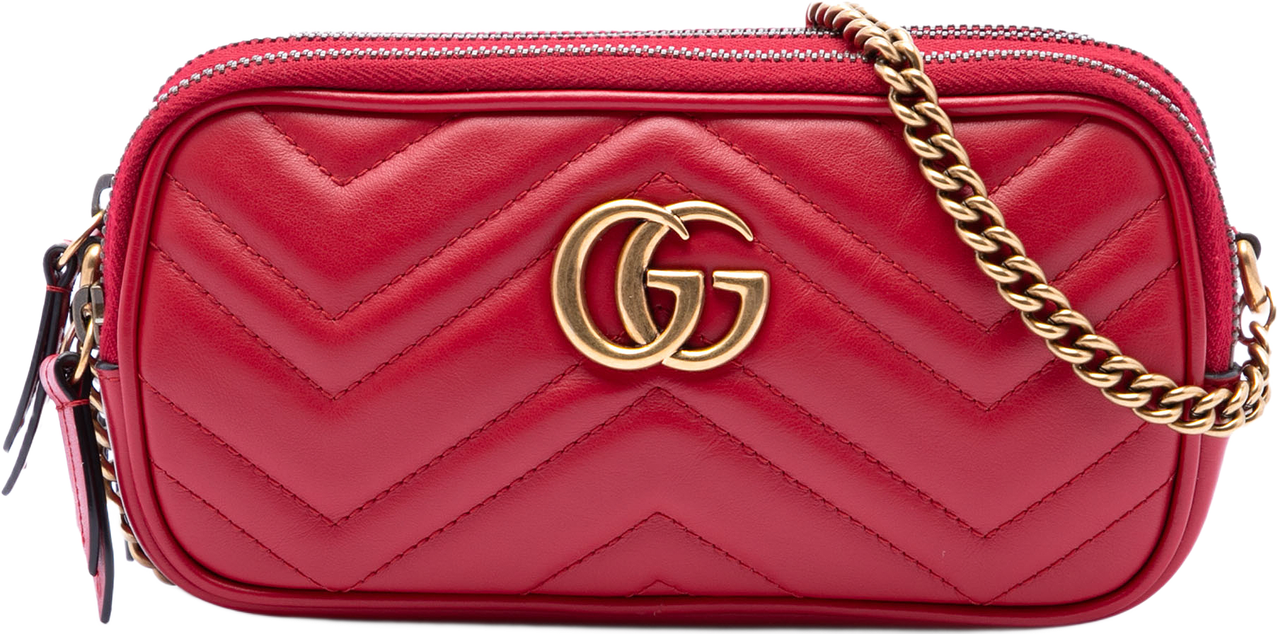 Gucci Mini Calfskin Gg Marmont Triple Zip Crossbody, från Luxclusif, i färgen red.
