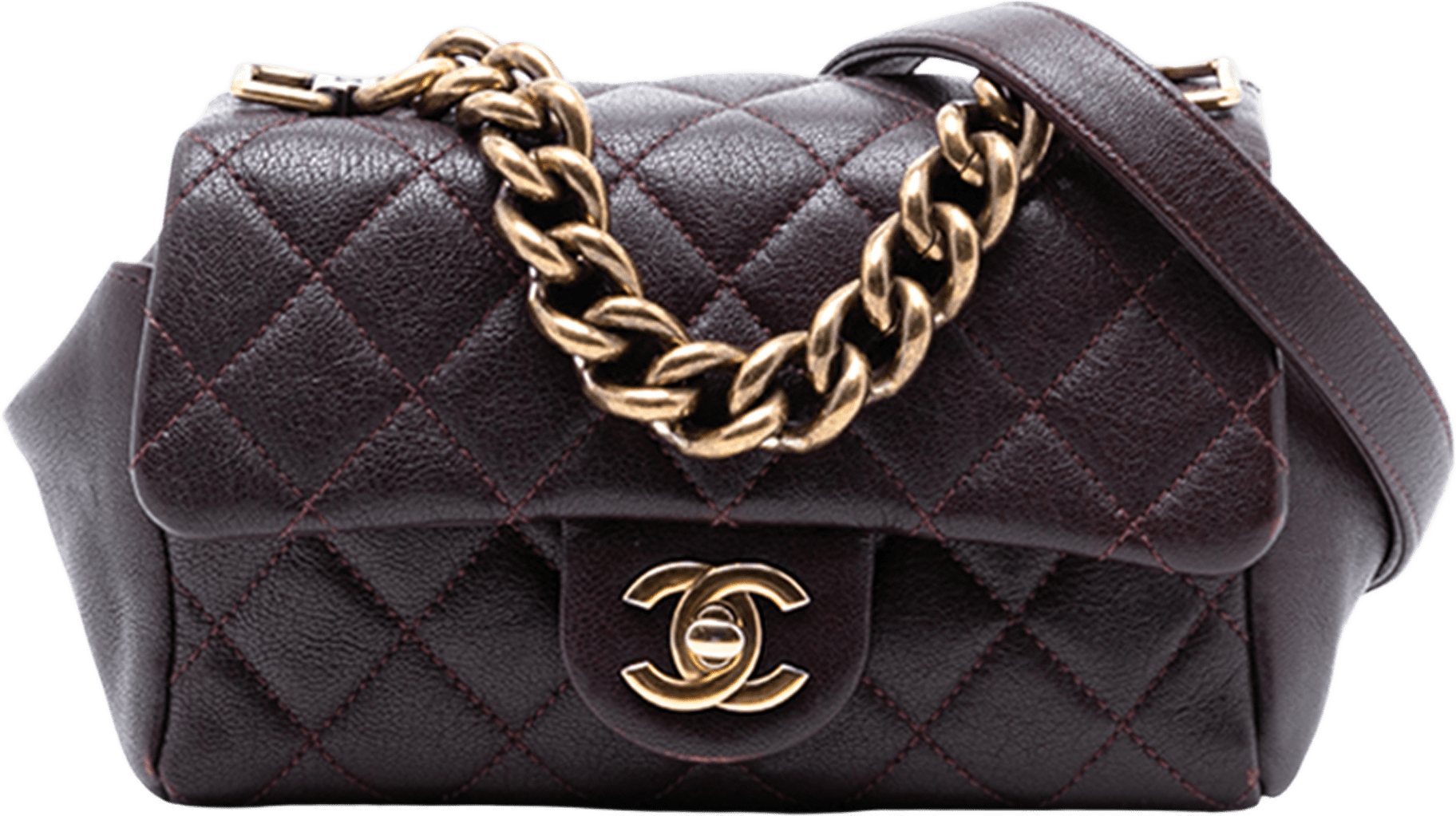 Chanel Mini Quilted Sheepskin Trapezio Flap, från Luxclusif, i färgen burgundy.