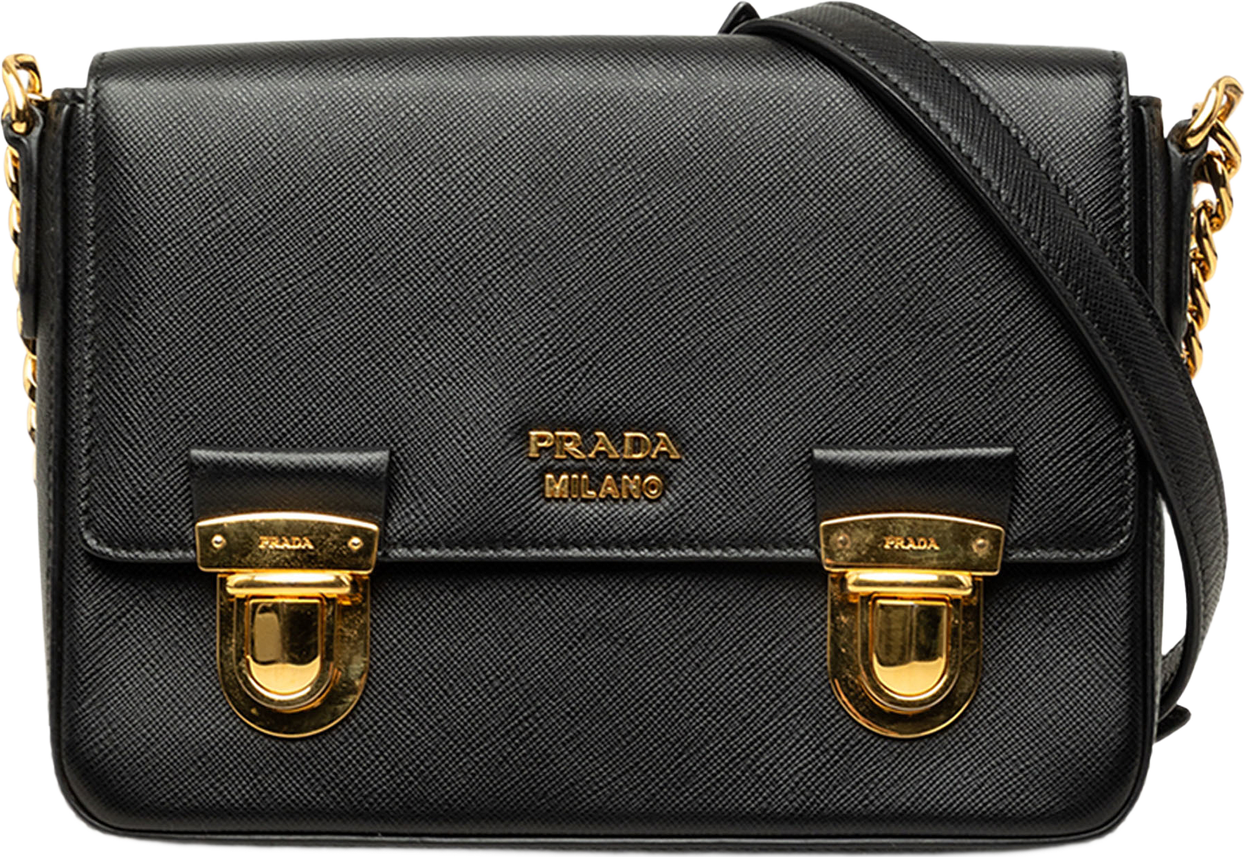 Prada Saffiano Push Lock Crossbody, från Luxclusif, i färgen svart.