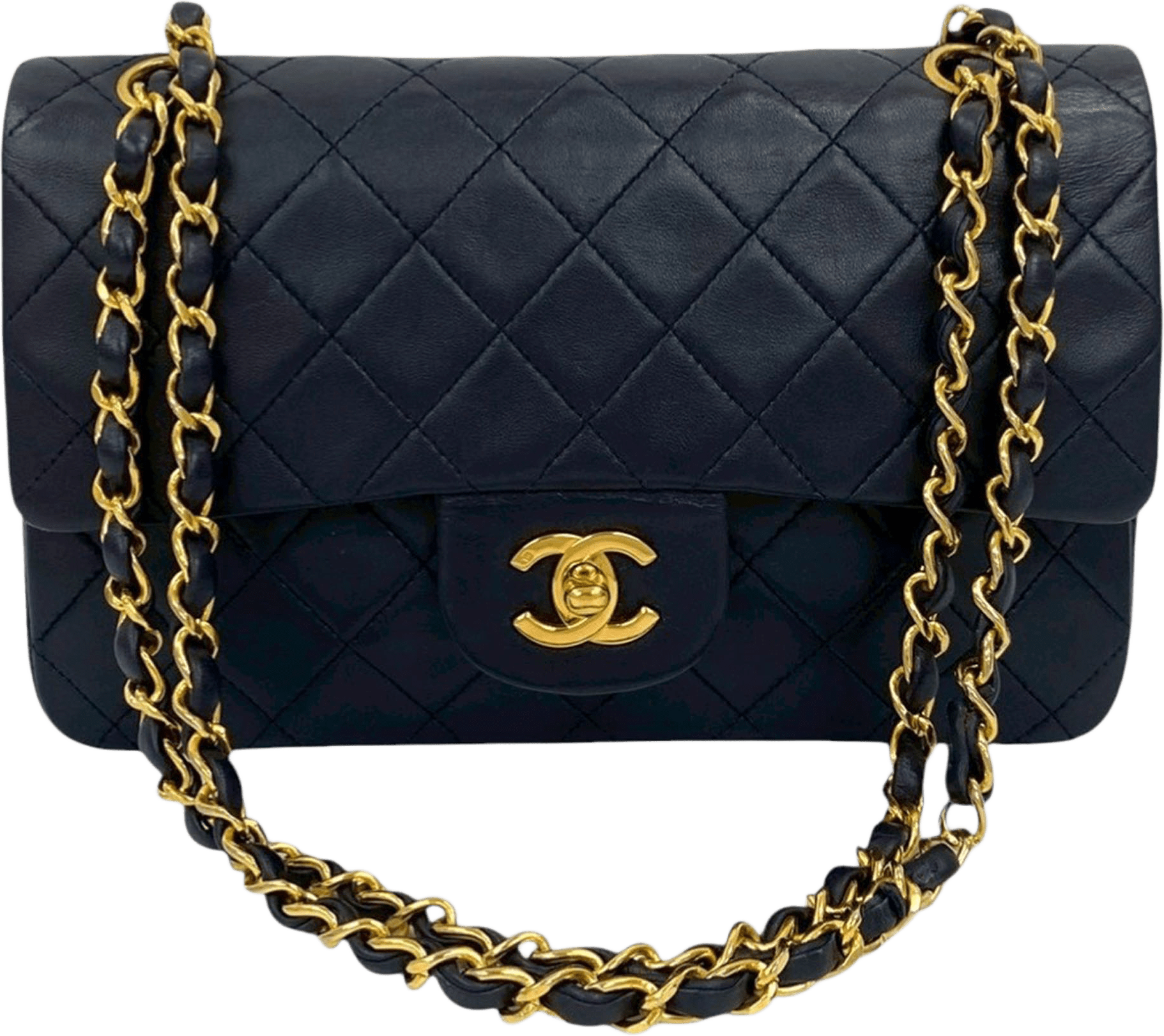 Chanel Small Classic Lambskin Double Flap, från Luxclusif, i färgen navy.