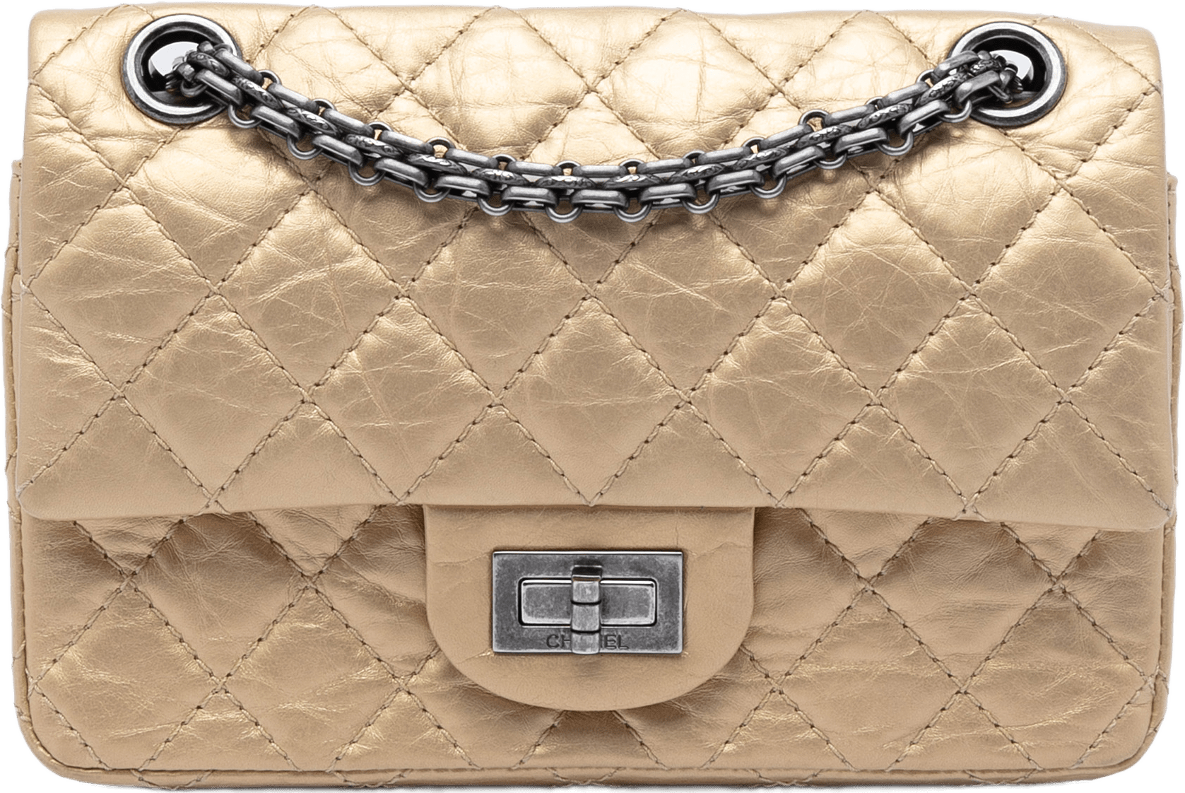 Chanel Quilted Aged Calfskin Reissue 2.55 Double Flap 224, från Luxclusif, i färgen gold.