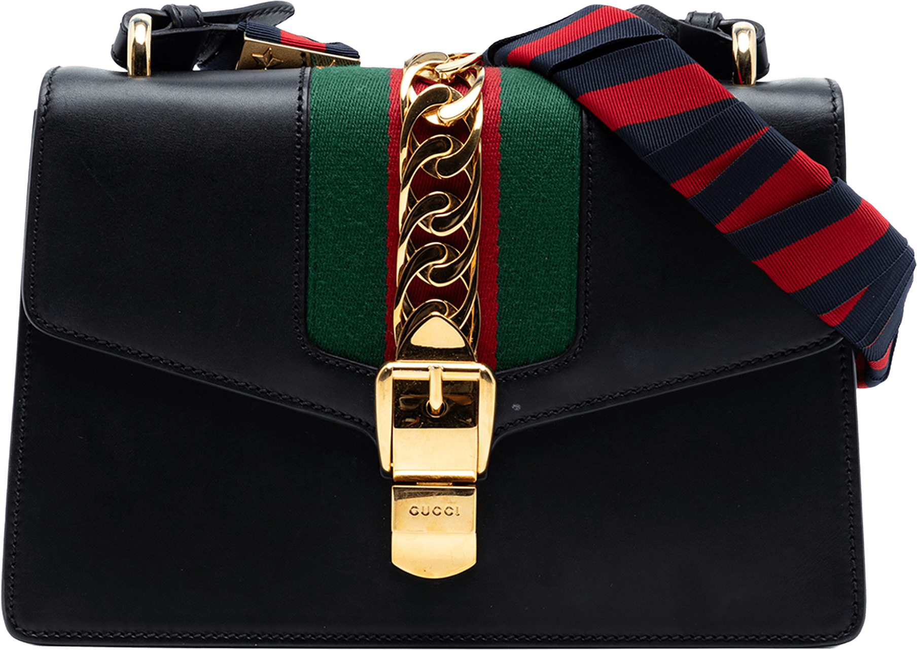 Gucci Small Leather Web Sylvie Satchel, från Luxclusif, i färgen black.
