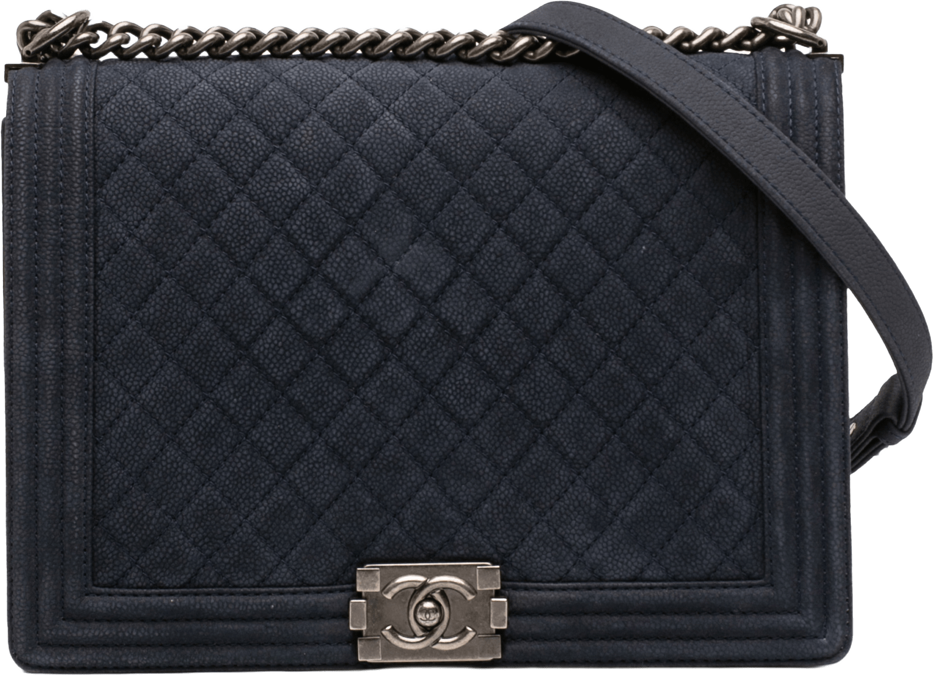 Chanel Large Iridescent Quilted Caviar Boy Flap, från Luxclusif, i färgen navy.