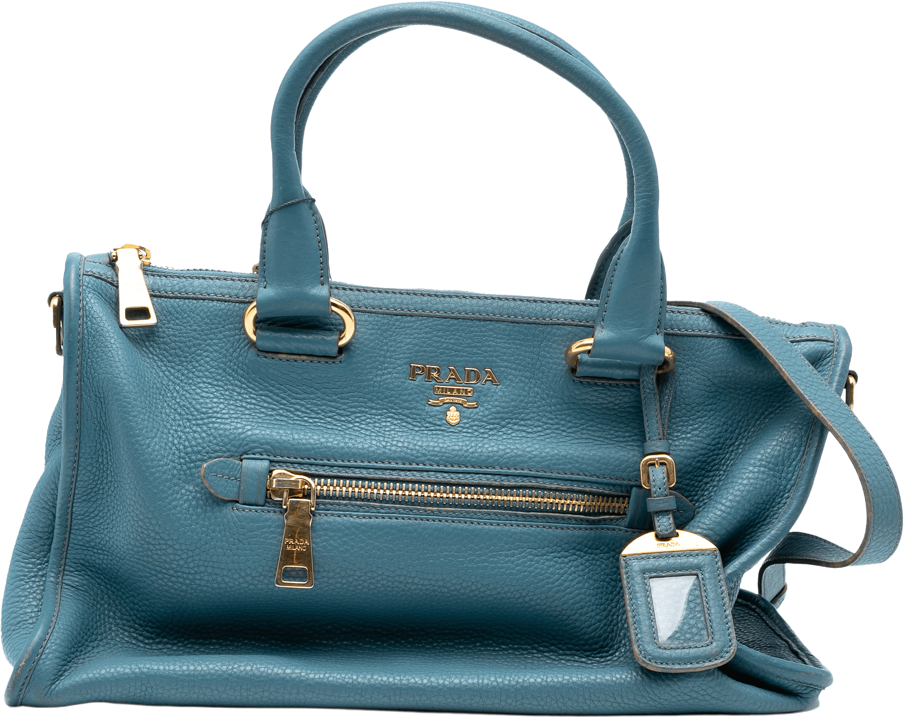 Prada Vitello Daino Zip Top Satchel, från Luxclusif, i färgen blue.