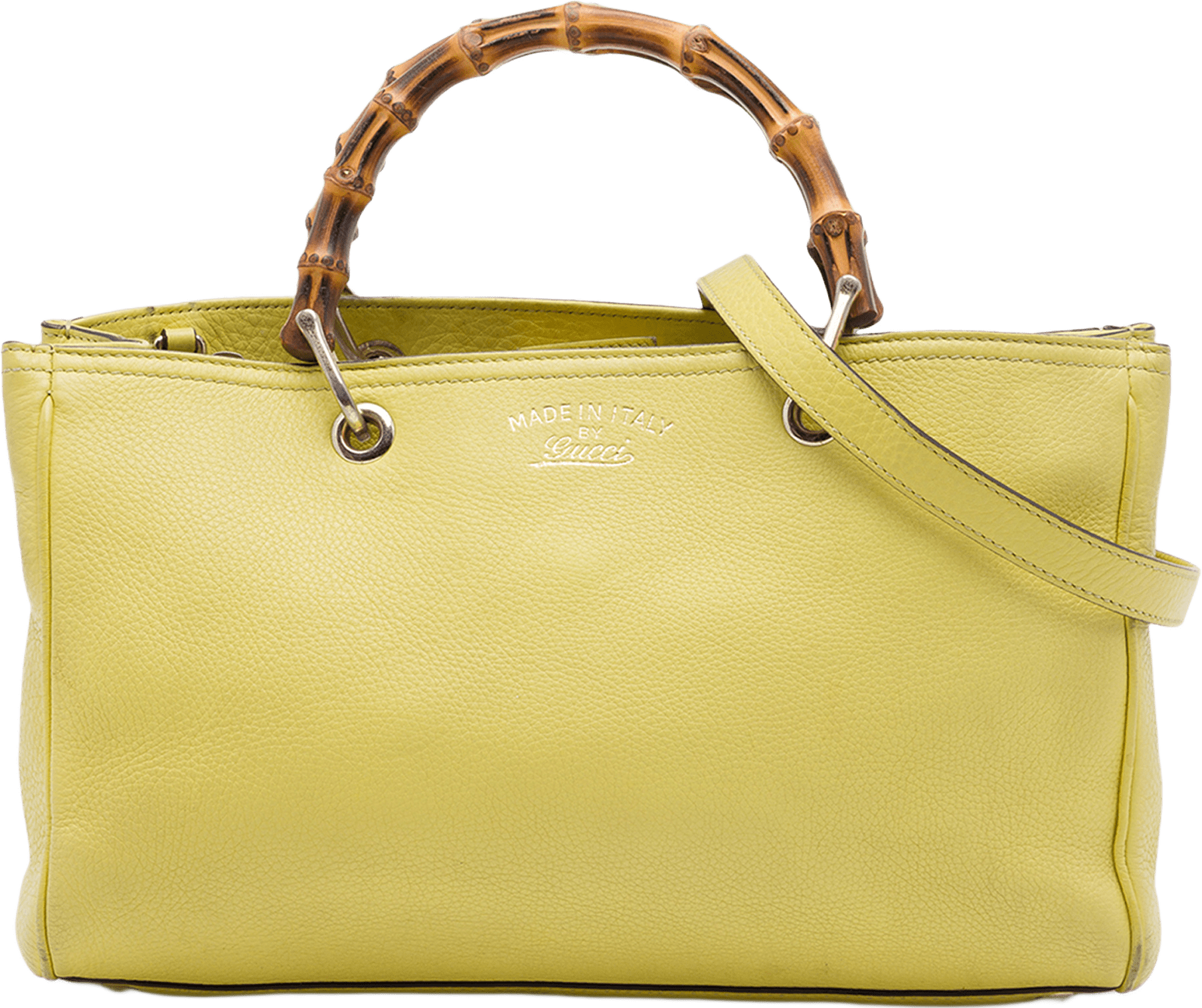 Gucci Medium Calfskin Bamboo Shopper Satchel, från Luxclusif, i färgen gul.