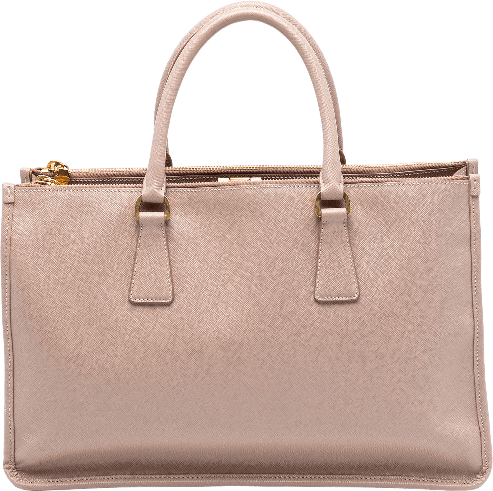 Prada Saffiano Lux Double Zip Frame Tote, från Luxclusif, i färgen beige.