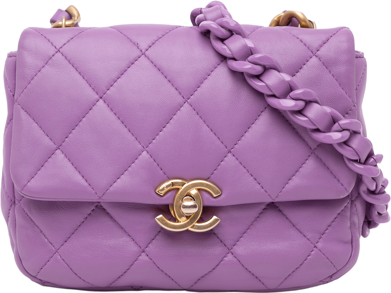 Chanel Mini Quilted Lambskin Candy Chain Flap, från Luxclusif, i färgen purple.