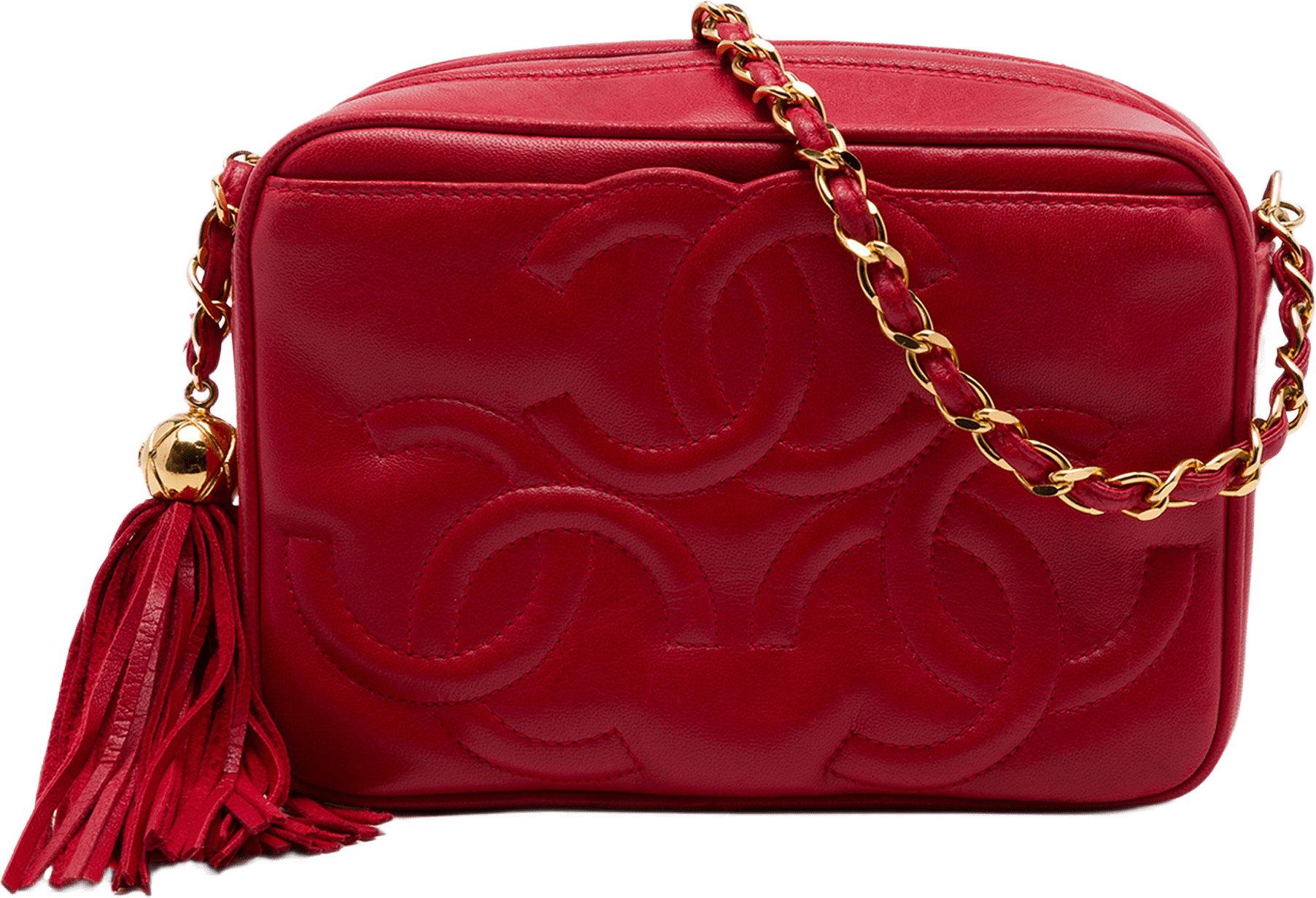 Chanel Triple Cc Lambskin Tassel Chain Camera Bag, från Luxclusif, i färgen röd.