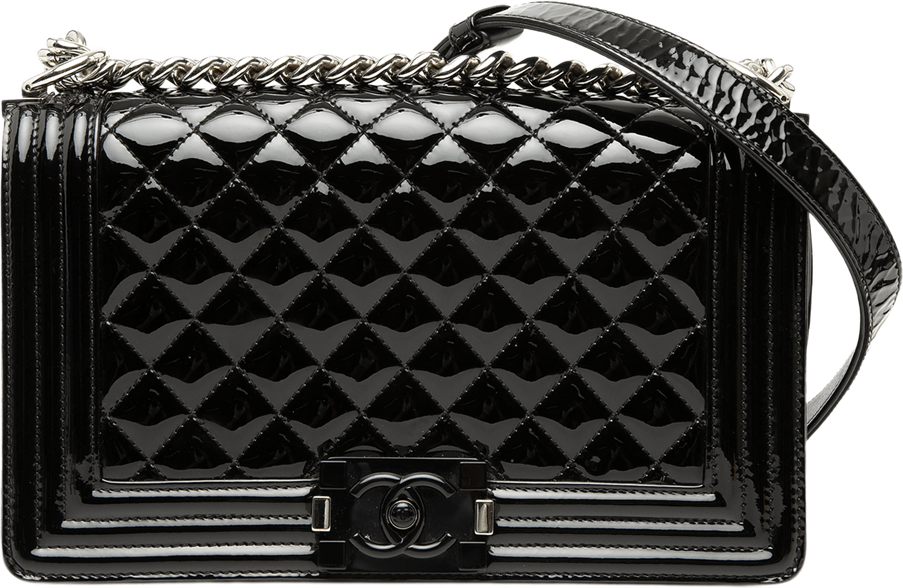 Chanel Old Medium Quilted Patent Acrylic Boy Flap, från Luxclusif, i färgen black.