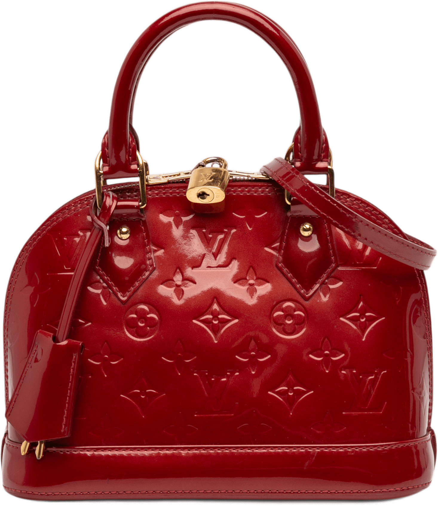 Louis Vuitton Monogram Vernis Alma Bb, från Luxclusif, i färgen red.