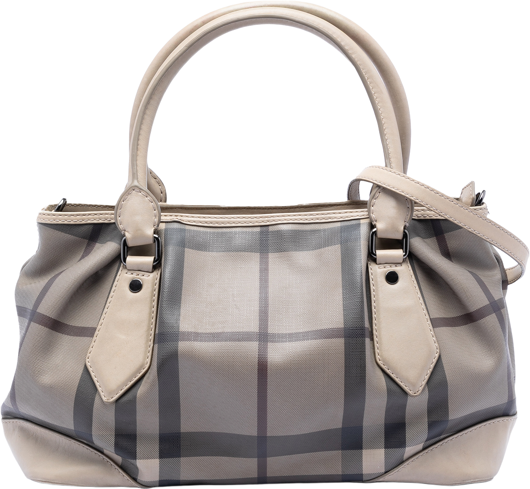 Burberry Smoke Check Coated Canvas Heathcliff Satchel, från Luxclusif, i färgen gray.
