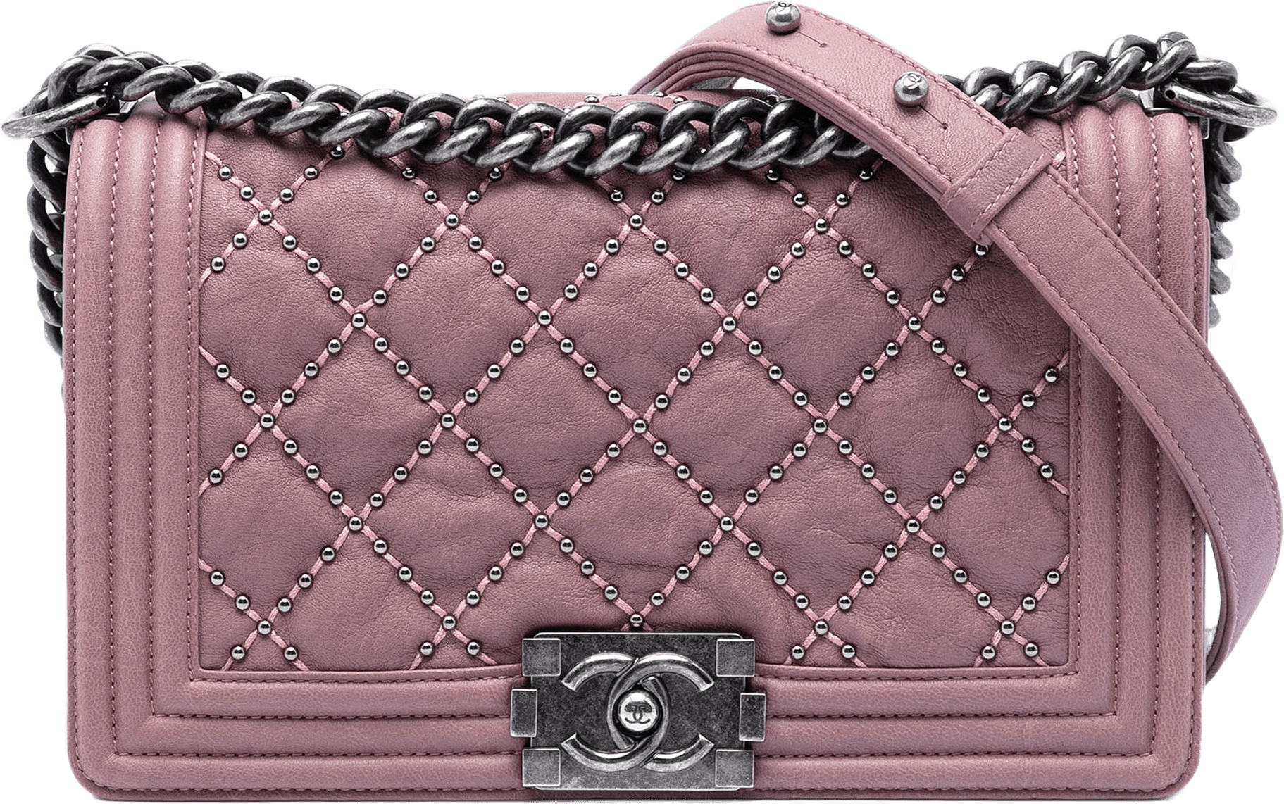Chanel Old Medium Quilted Crumpled Calfskin Studded Boy Flap, från Luxclusif, i färgen rose gold.