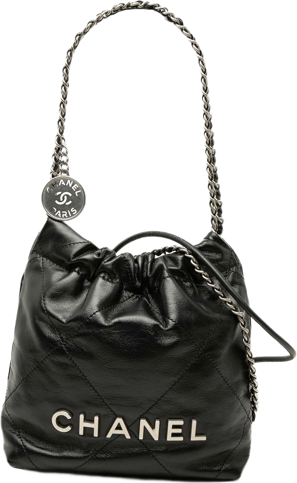 Chanel Mini Shiny Calfskin 22 Handbag, från Luxclusif, i färgen svart.