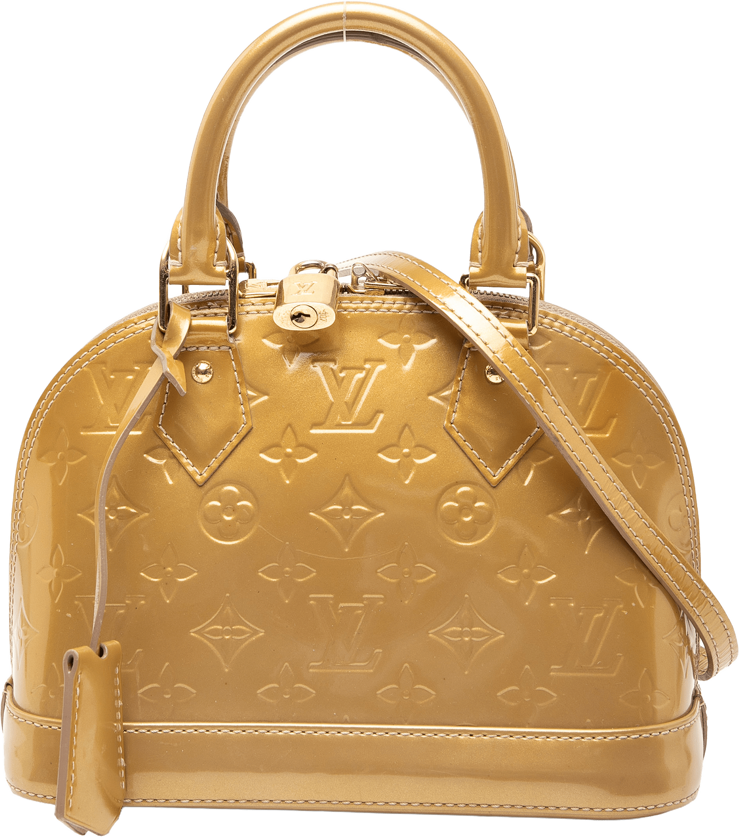 Louis Vuitton Monogram Vernis Alma Bb, från Luxclusif, i färgen gold.