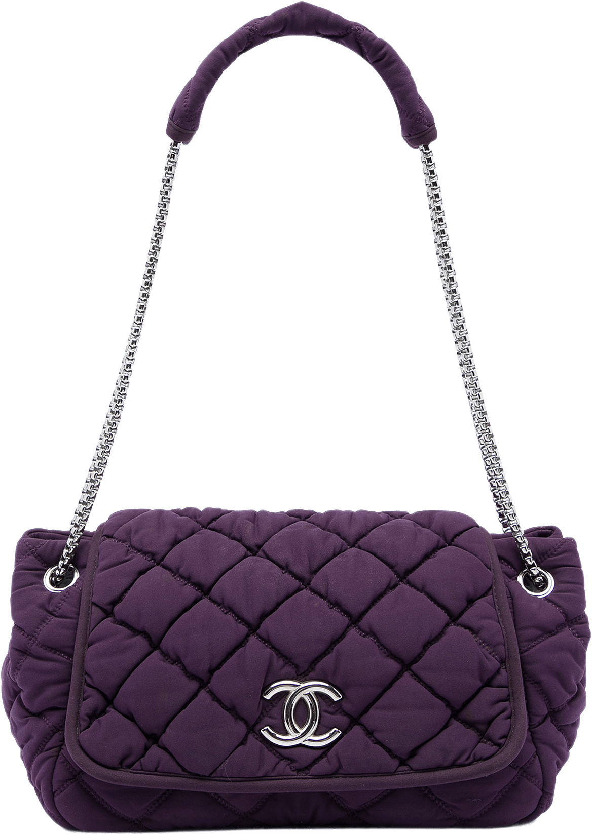Chanel Nylon Bubble Quilt Accordion Chain Flap, från Luxclusif, i färgen purpur.