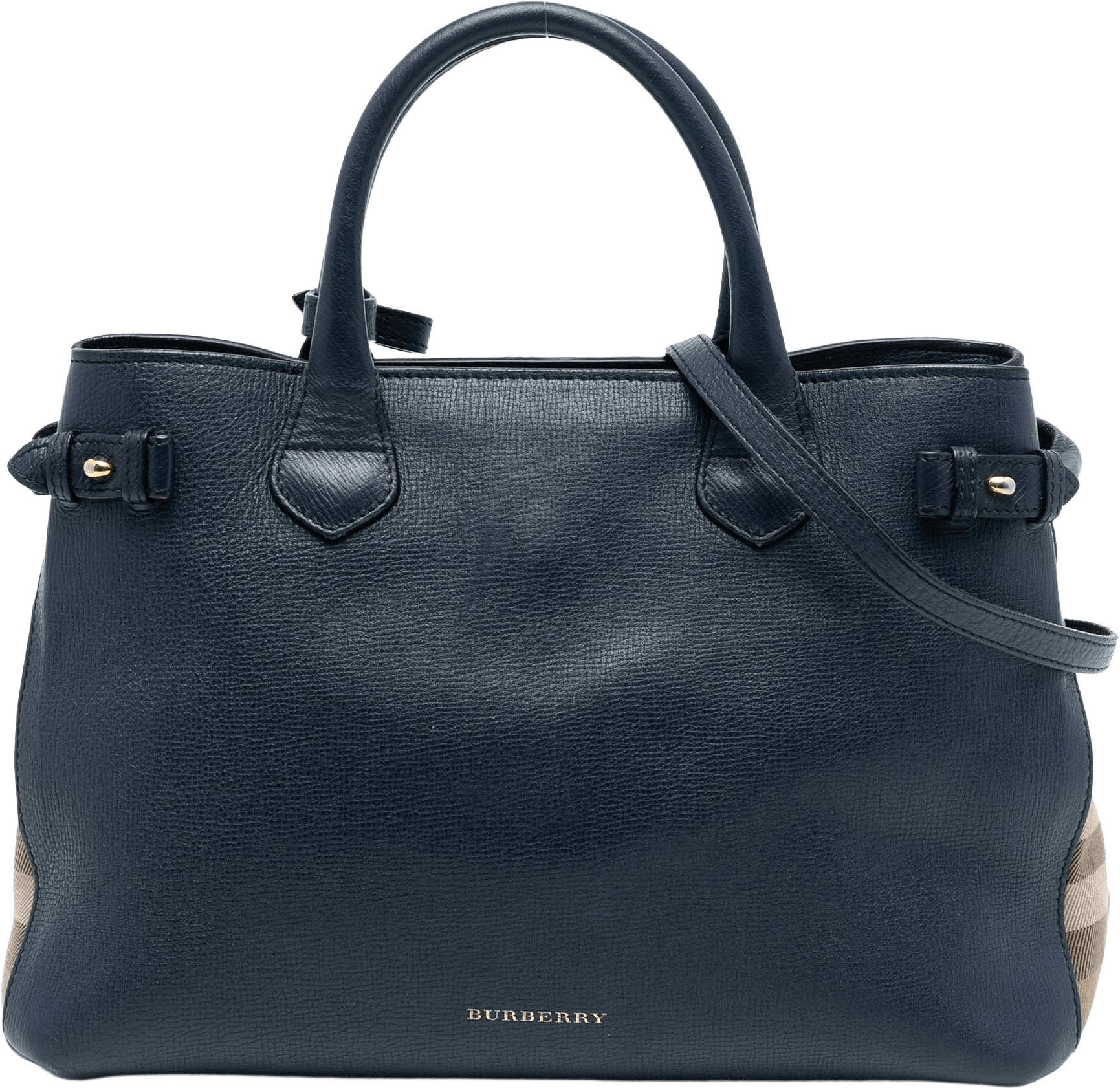 Burberry Medium Leather And House Check Banner Satchel, från Luxclusif, i färgen navy.