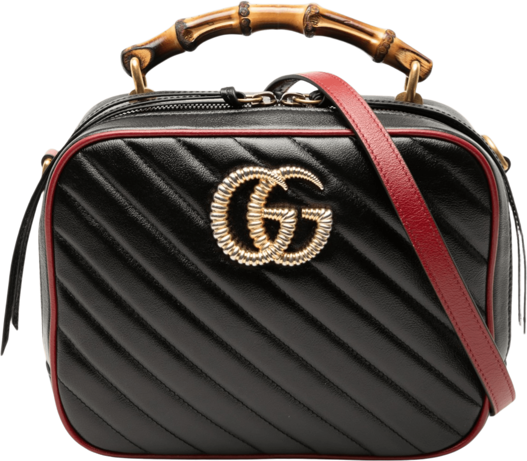 Gucci Small Gg Marmont Matelasse Diagonal Leather Torchon Bamboo Satchel, från Luxclusif, i färgen black.