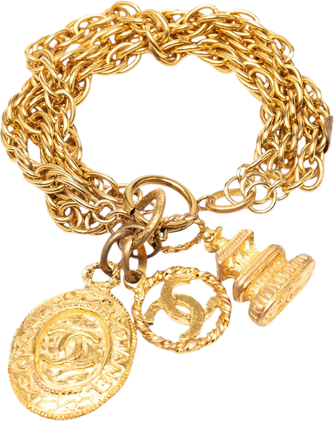 Chanel Cc Gold Plated Triple Chain Logo Charm Bracelet, från Luxclusif, i färgen gold.