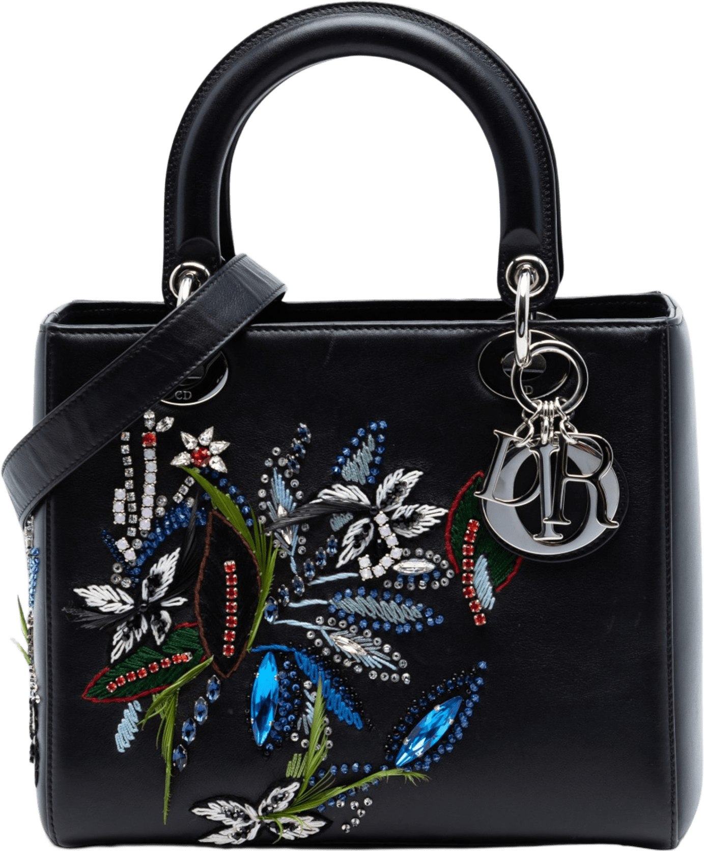 Dior Limited Edition Medium Smooth Calfskin Embroidered Beaded Floral Lady Dior, från Luxclusif, i färgen black.