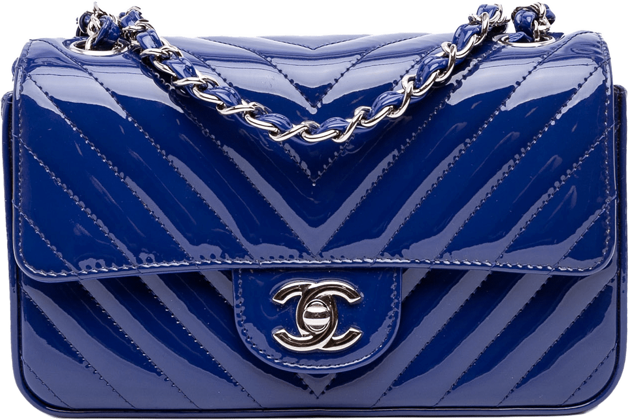 Chanel Mini Rectangular Classic Chevron Patent Single Flap, från Luxclusif, i färgen blue.
