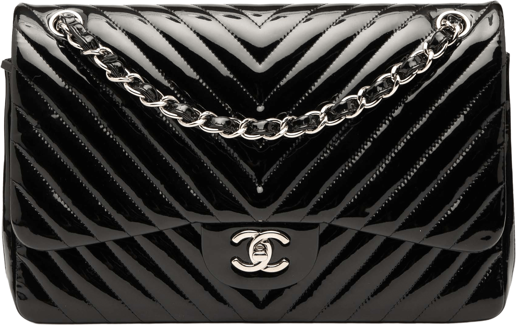 Chanel Jumbo Classic Chevron Patent Double Flap, från Luxclusif, i färgen black.