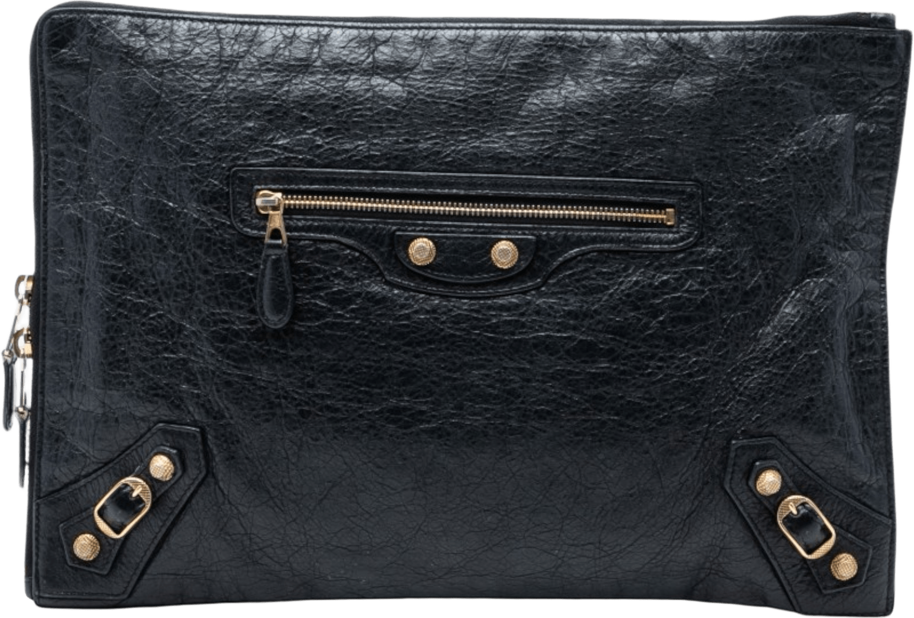Balenciaga Lambskin Motocross Giant 12 Zip Around Flat Clutch, från Luxclusif, i färgen black.