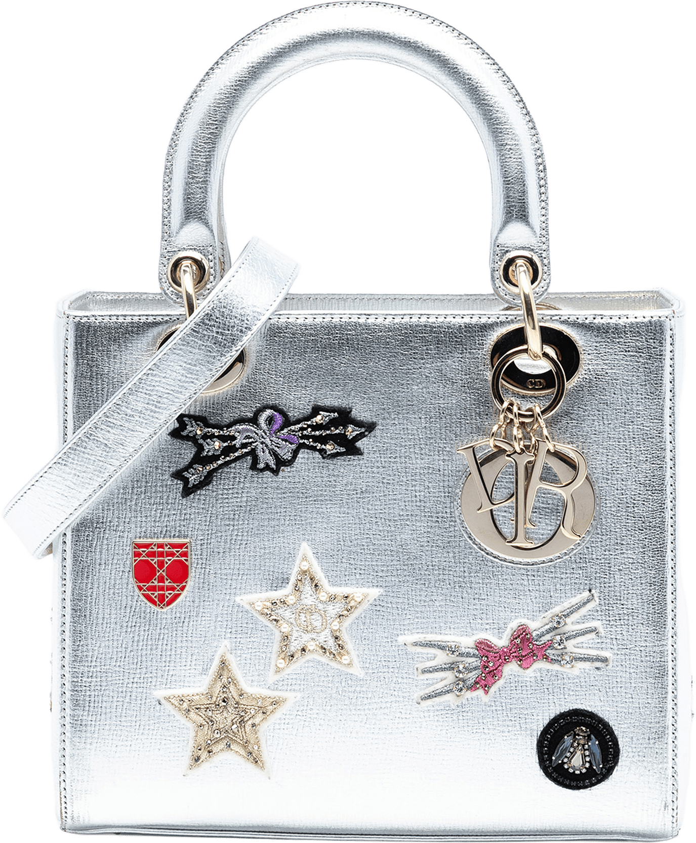 Dior Medium Calfskin Patch Embellished Lady Dior, från Luxclusif, i färgen silver.