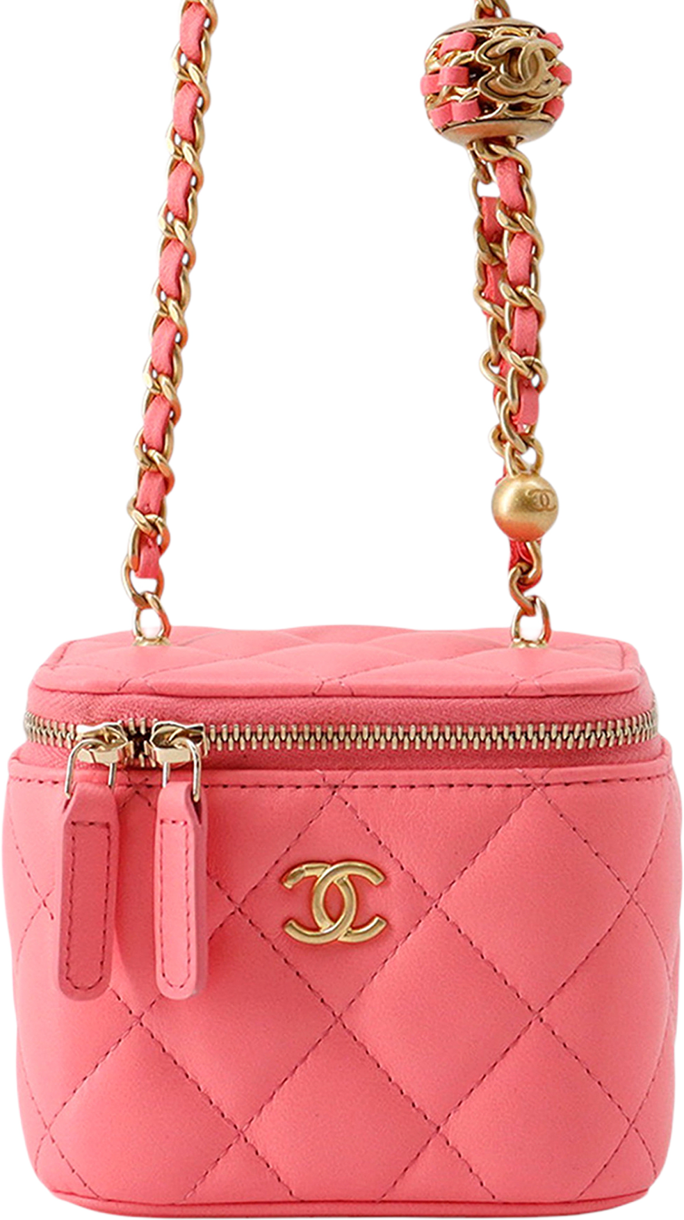Chanel Mini Quilted Lambskin Pearl Crush Vanity Case With Chain, från Luxclusif, i färgen pink.