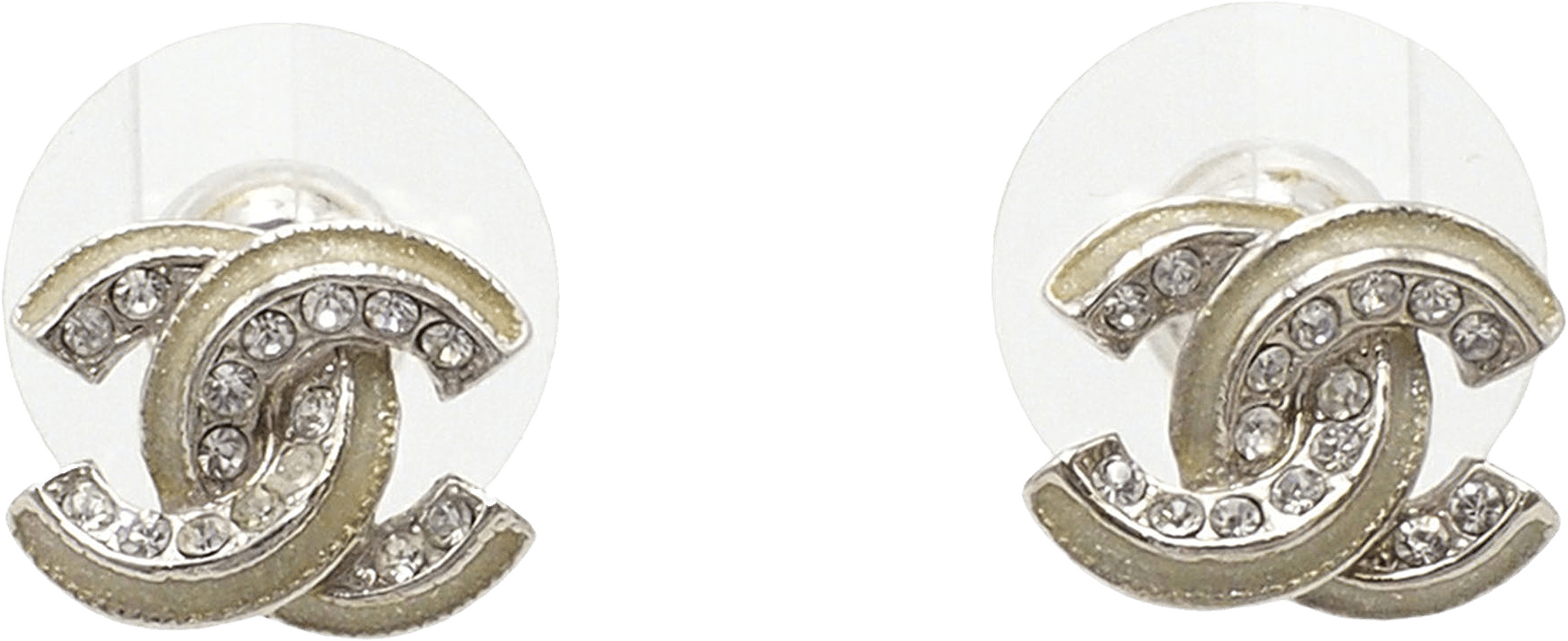 Chanel Cc Plated Brass Strass Push Back Earrings, från Luxclusif, i färgen silver.