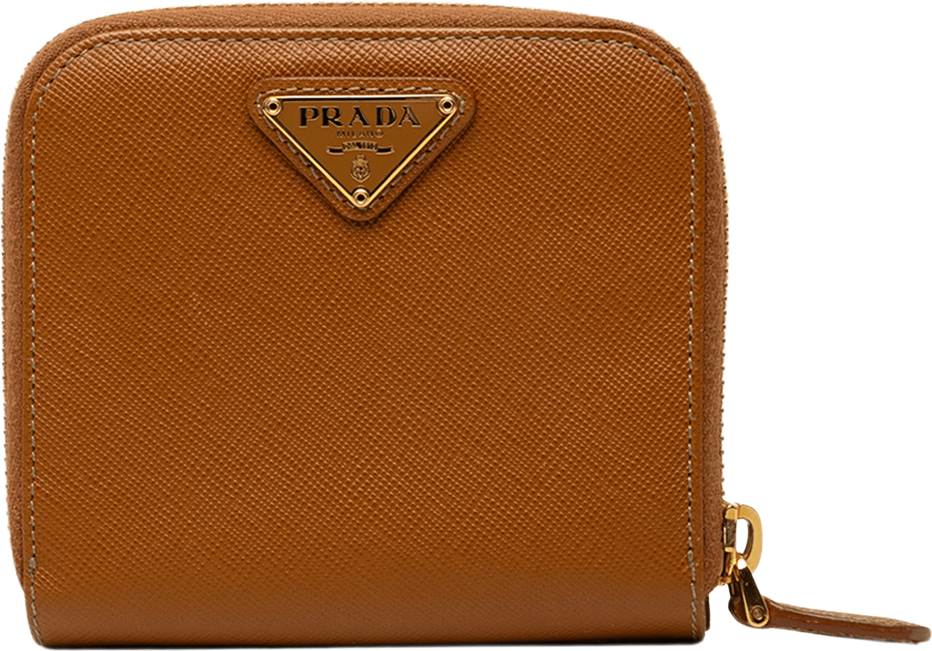 Prada Saffiano Zip Around Compact Wallet, från Luxclusif, i färgen brun.