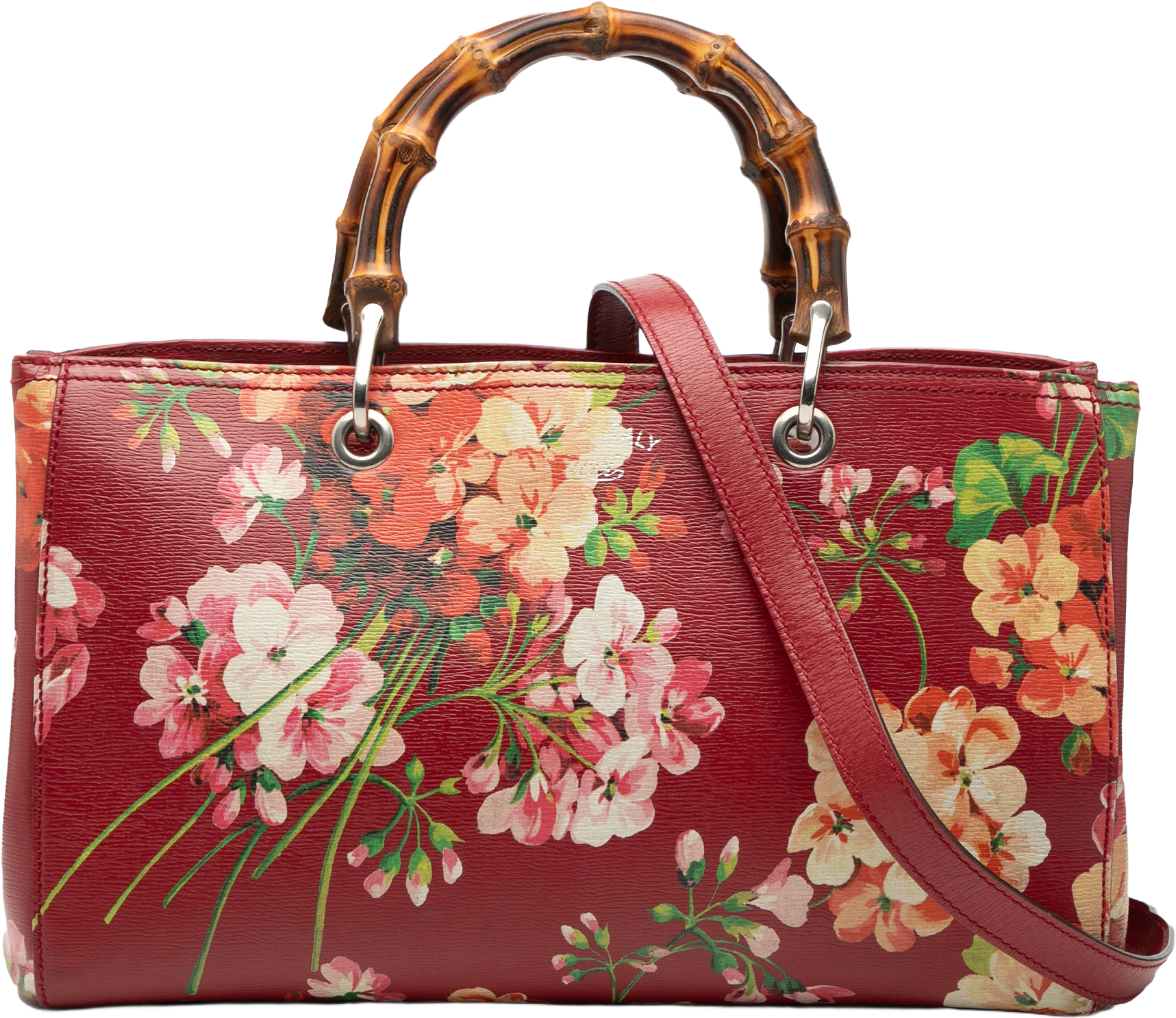 Gucci Medium Calfskin Blooms Bamboo Shopper Satchel, från Luxclusif, i färgen red.