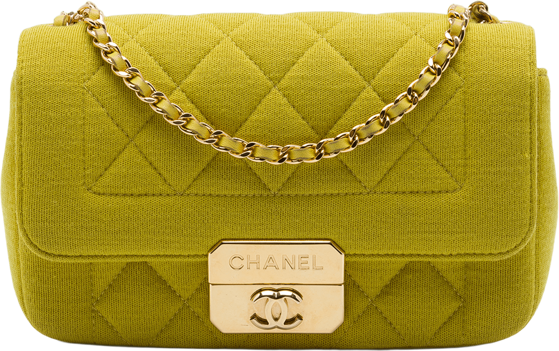 Chanel Mini Jersey Chic With Me Flap, från Luxclusif, i färgen gul.