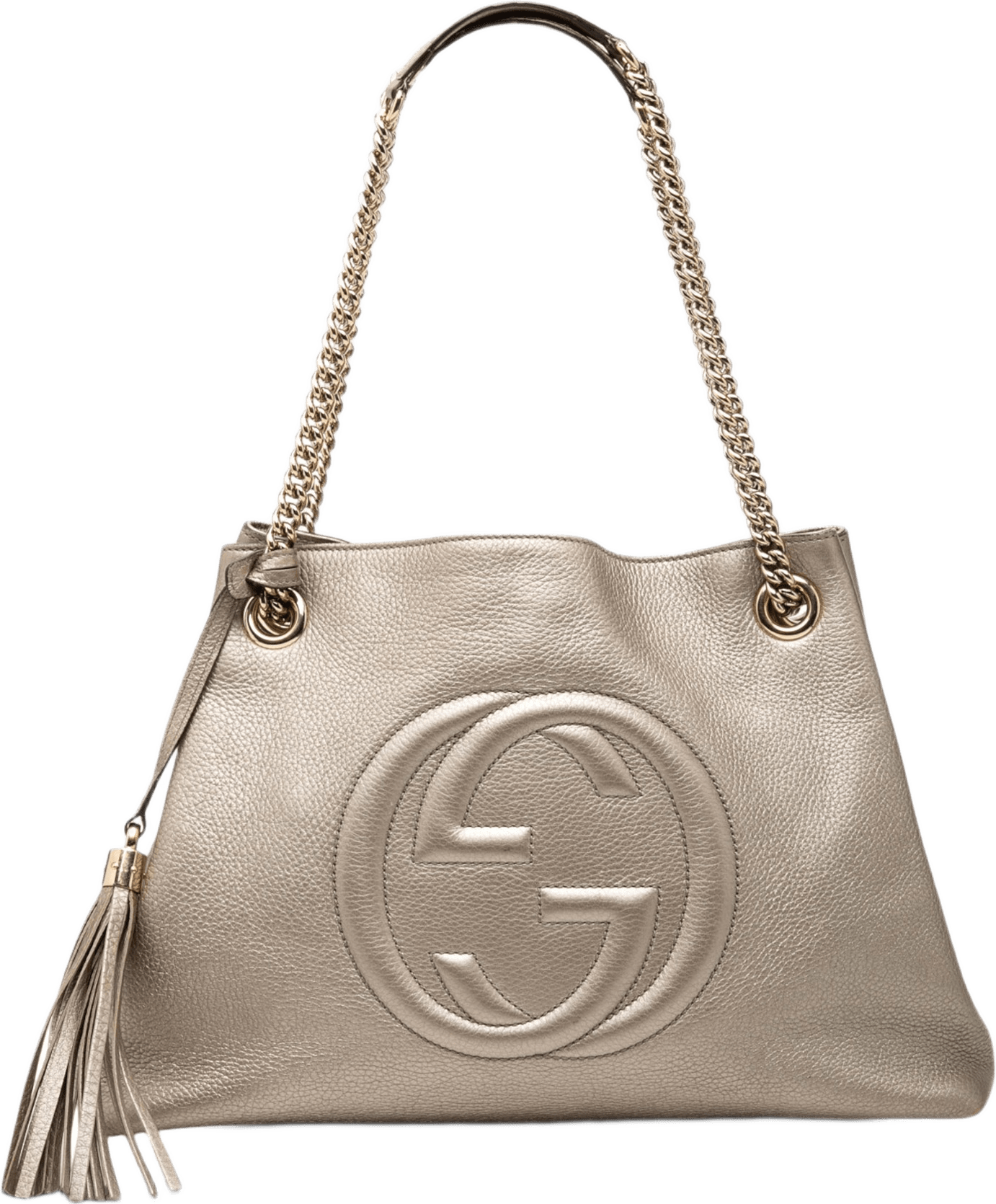 Gucci Medium Metallic Calfskin Soho Chain Tote, från Luxclusif, i färgen light gold.