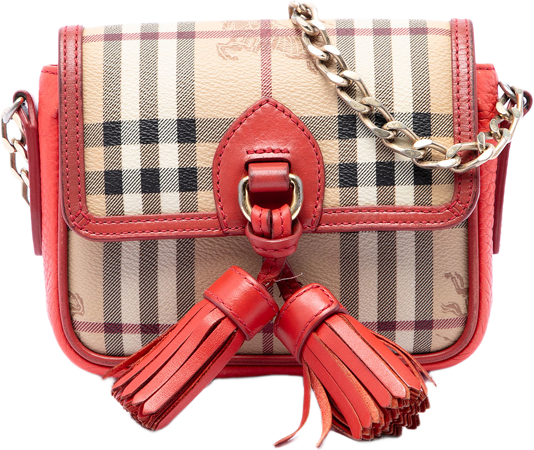 Burberry Mini Haymarket Check Coated Canvas Tassel Crossbody, från Luxclusif, i färgen beige.