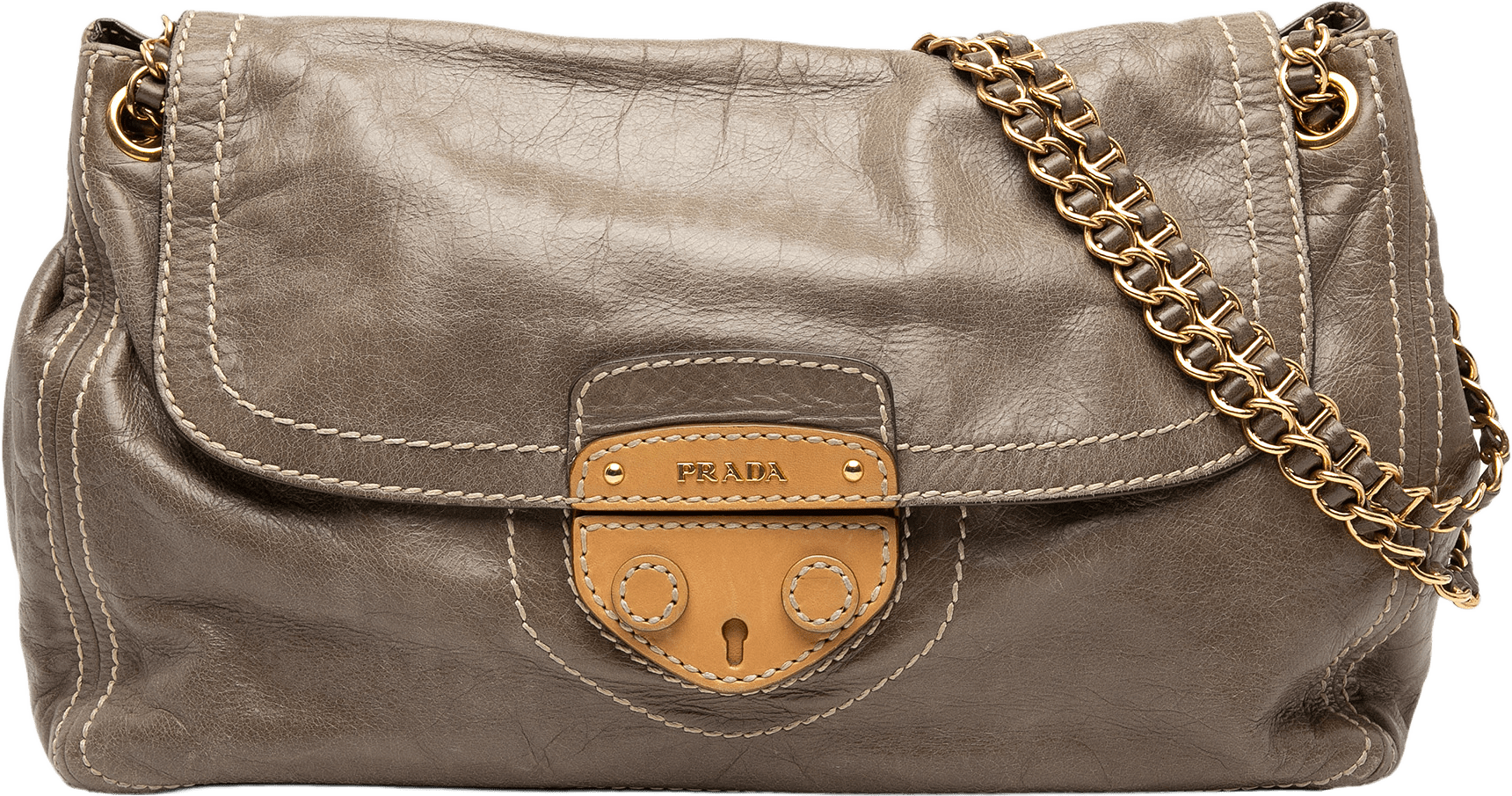 Prada Vitello Shine Push Lock Flap Shoulder Bag, från Luxclusif, i färgen taupe.