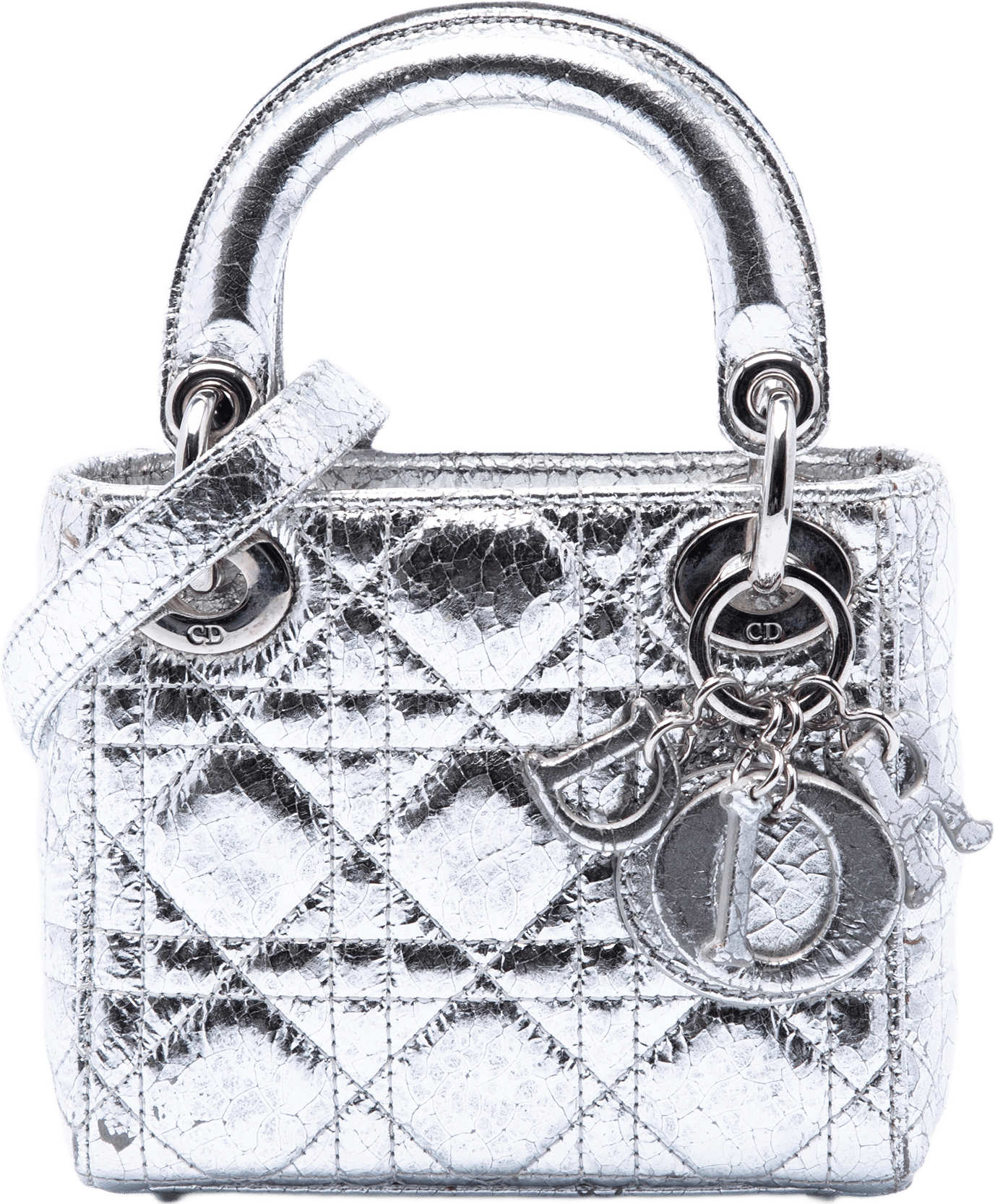 Dior Micro Metallic Crinkled Calfskin Cannage Lady Dior, från Luxclusif, i färgen silver.