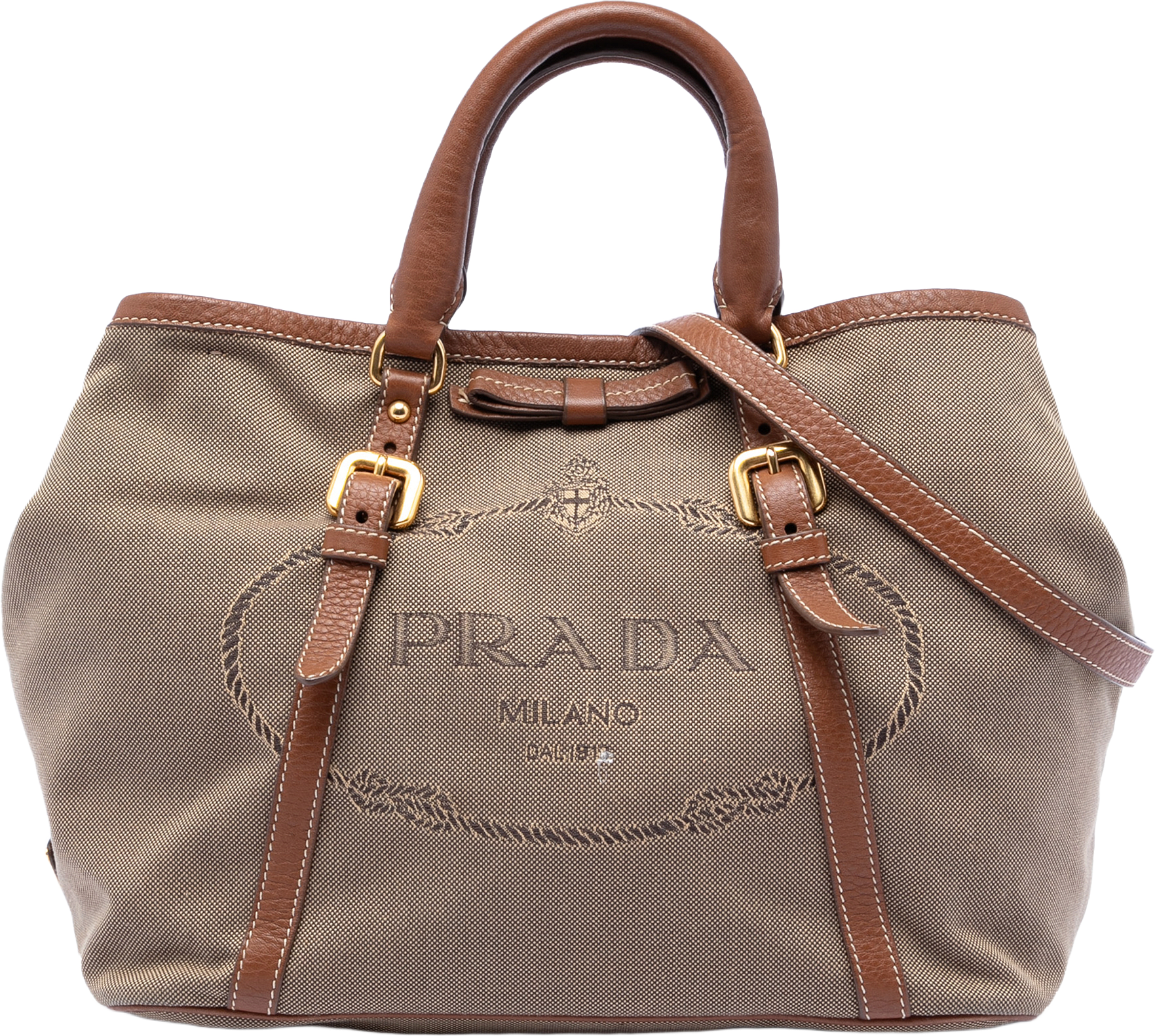 Prada Canvas Canapa Logo Bow Satchel, från Luxclusif, i färgen beige.