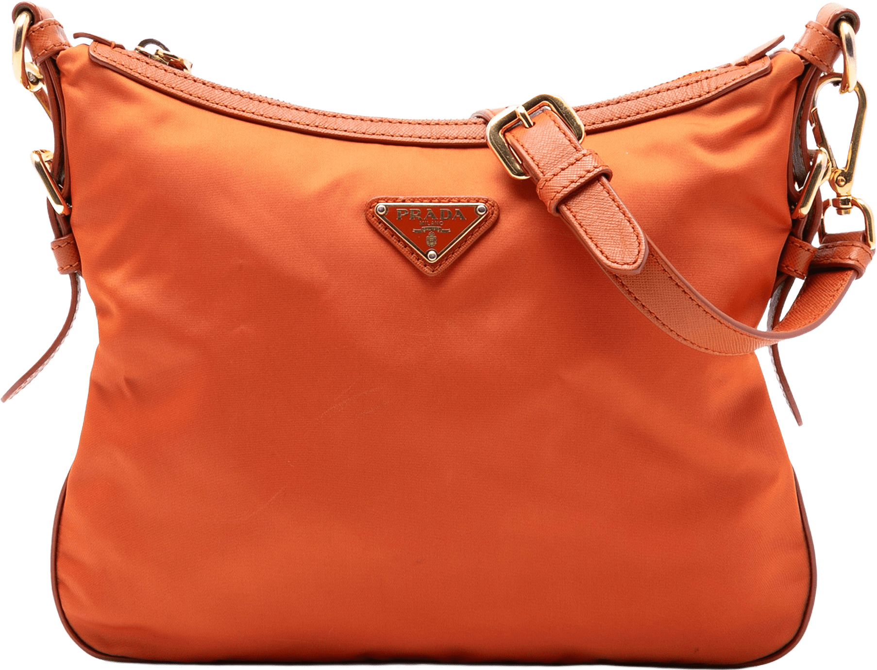 Prada Saffiano Trimmed Tessuto Zip Top Crossbody, från Luxclusif, i färgen orange.