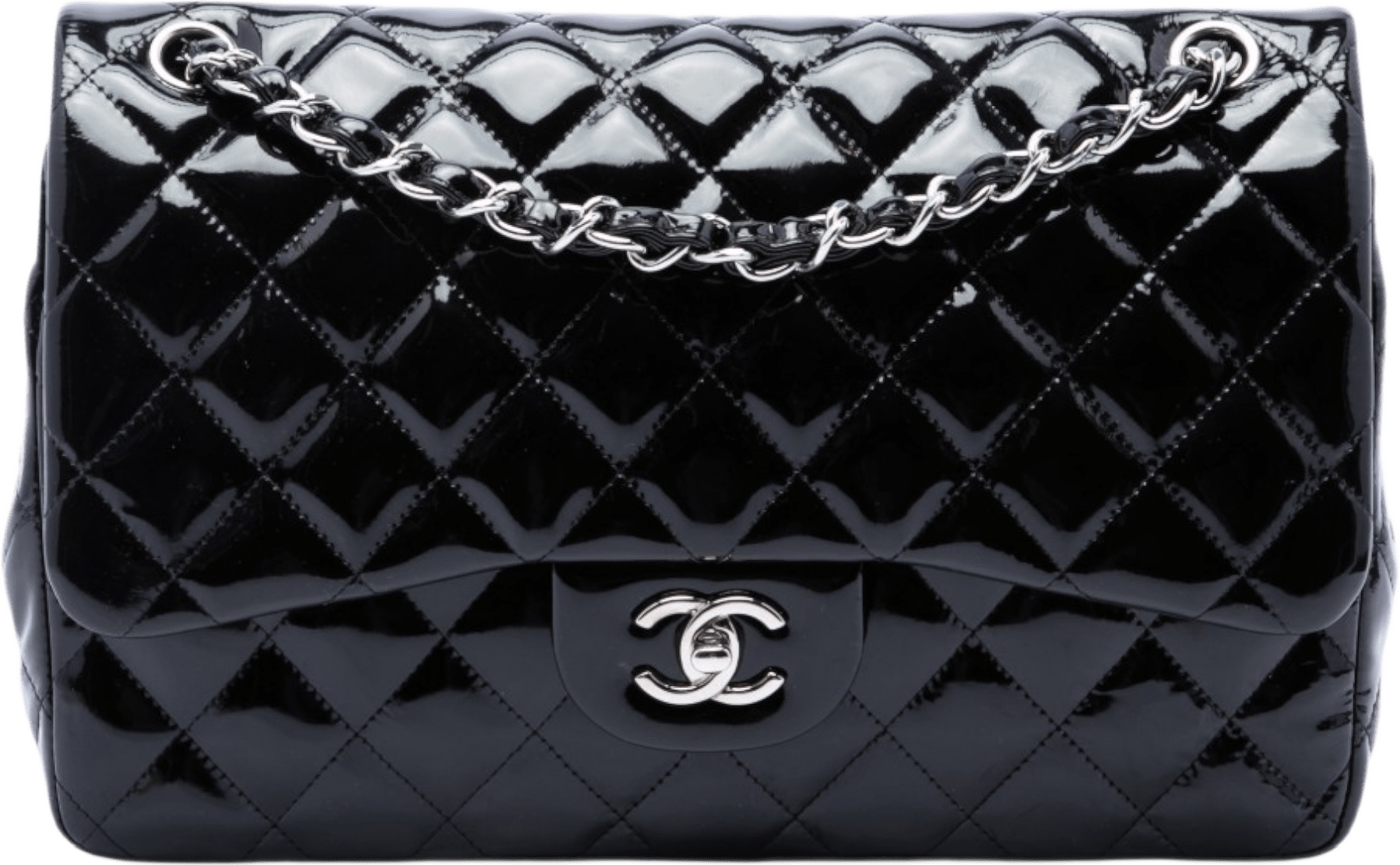 Chanel Jumbo Classic Patent Double Flap, från Luxclusif, i färgen svart.