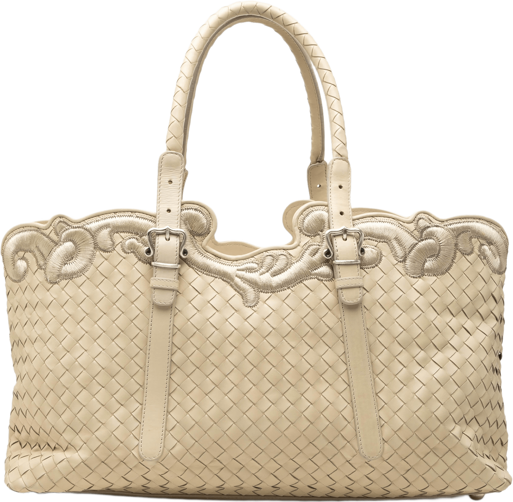 Bottega Veneta Embroidered Nappa Intrecciato Tote, från Luxclusif, i färgen brun.
