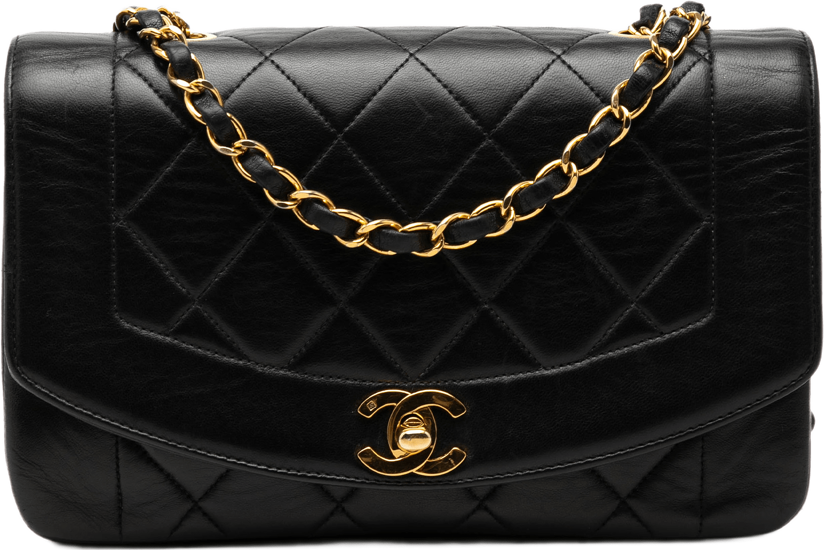 Chanel Small Lambskin Diana Flap, från Luxclusif, i färgen svart.