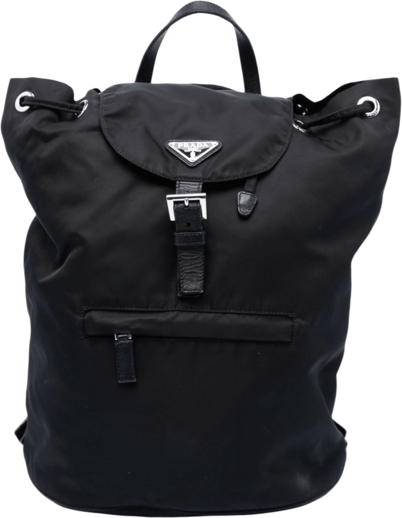 Prada Saffiano Trimmed Tessuto Drawstring Backpack, från Luxclusif, i färgen black.