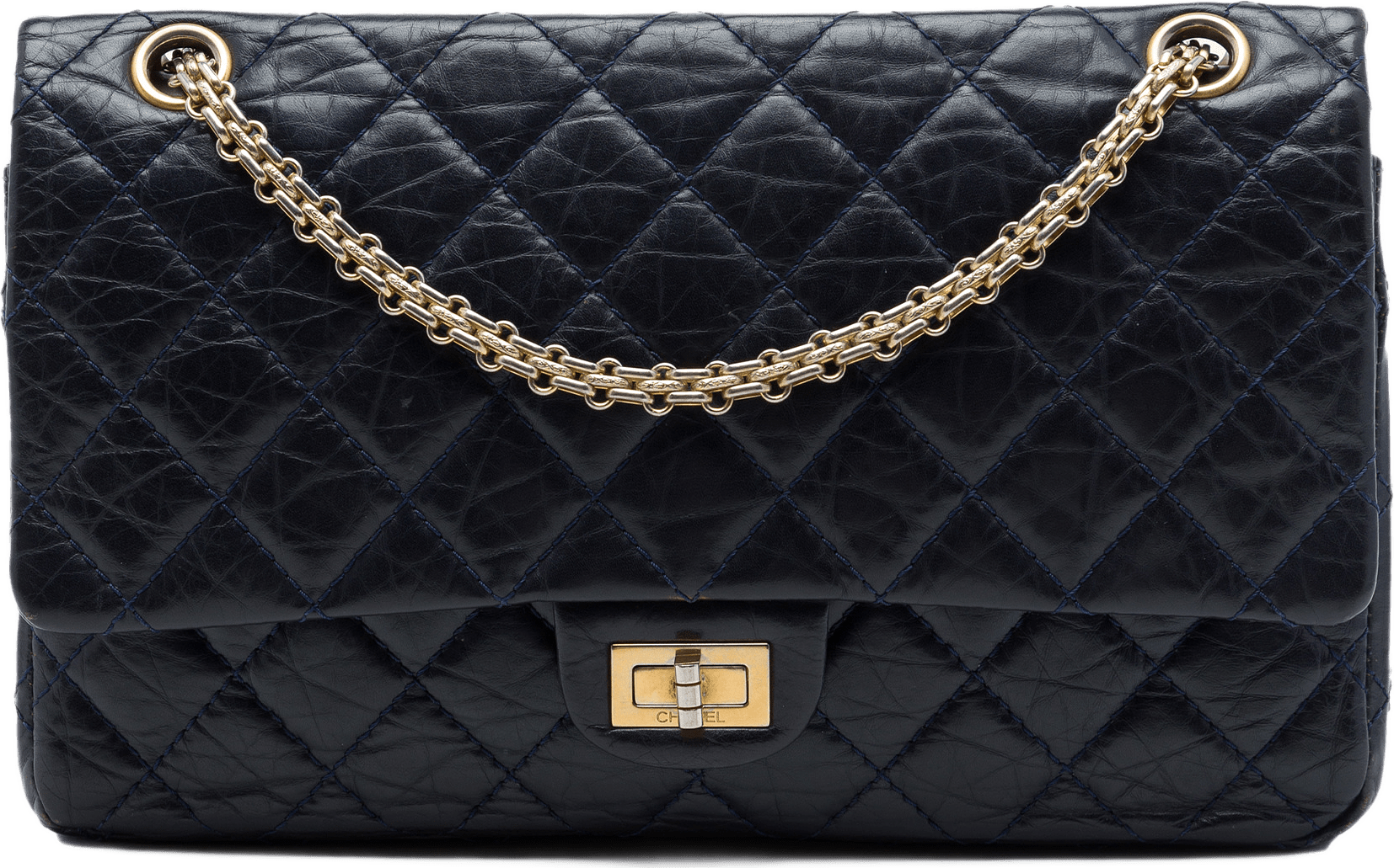 Chanel Quilted Aged Calfskin Reissue 2.55 Double Flap 226, från Luxclusif, i färgen blå.
