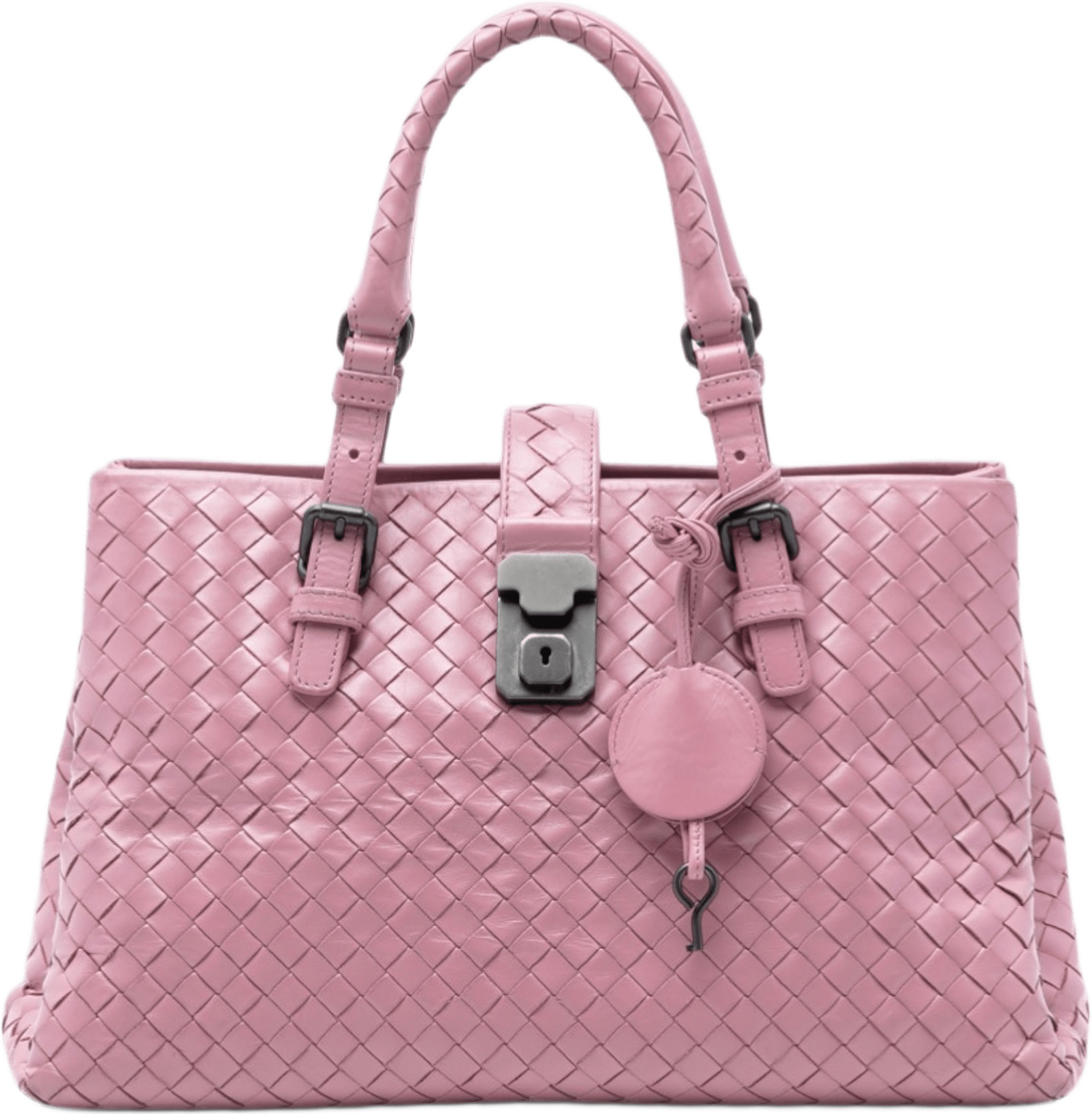 Bottega Veneta Small Nappa Intrecciato Roma Satchel, från Luxclusif, i färgen pink.