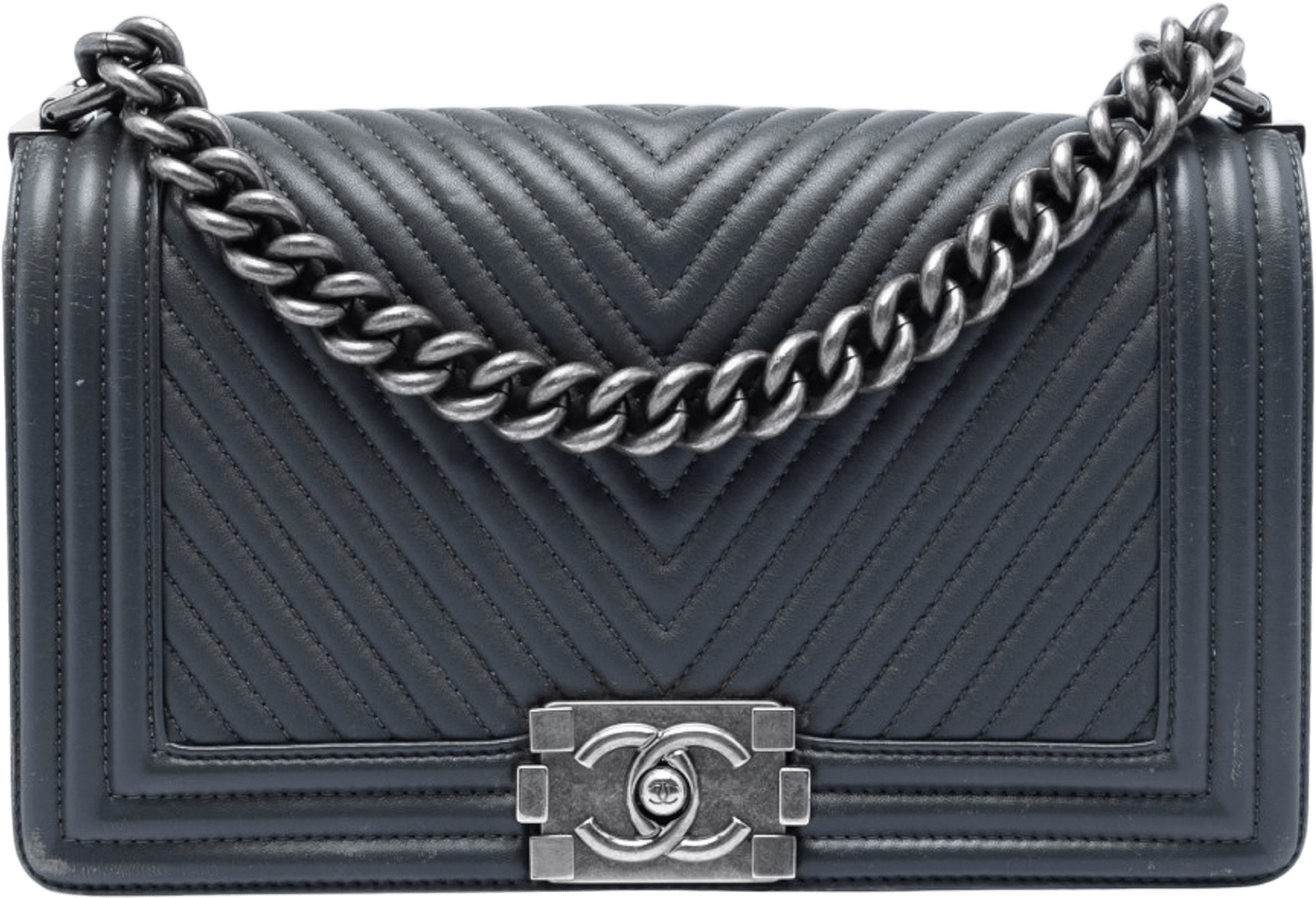 Chanel Old Medium Chevron Lambskin Boy Flap, från Luxclusif, i färgen dark gray.