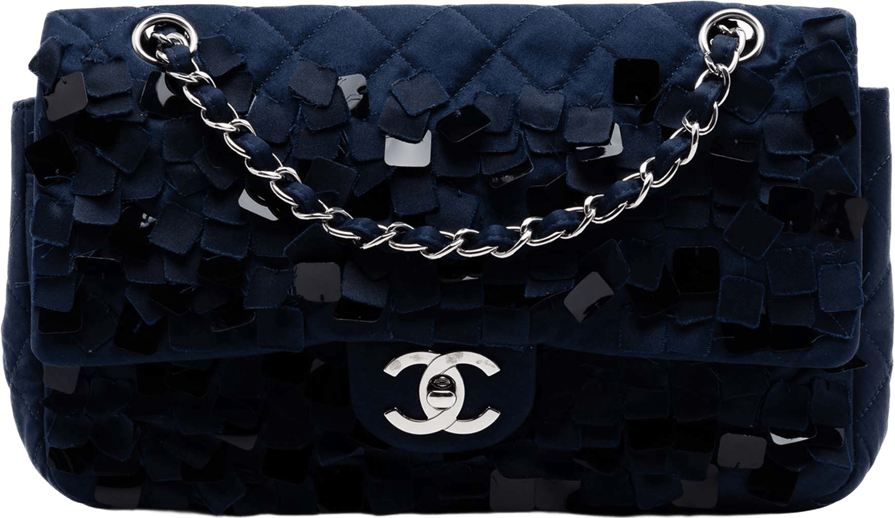 Chanel Medium Classic Satin Paillette Embellished Double Flap, från Luxclusif, i färgen midnight blue.
