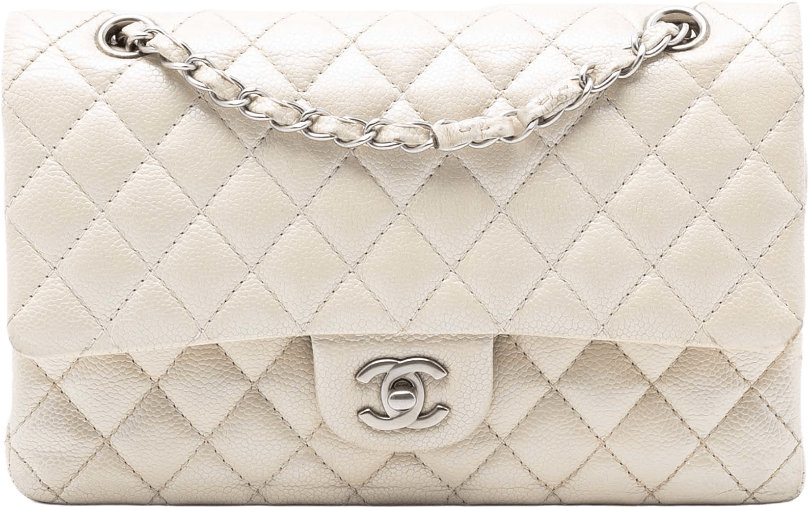 Chanel Medium Classic Caviar Double Flap, från Luxclusif, i färgen ivory.
