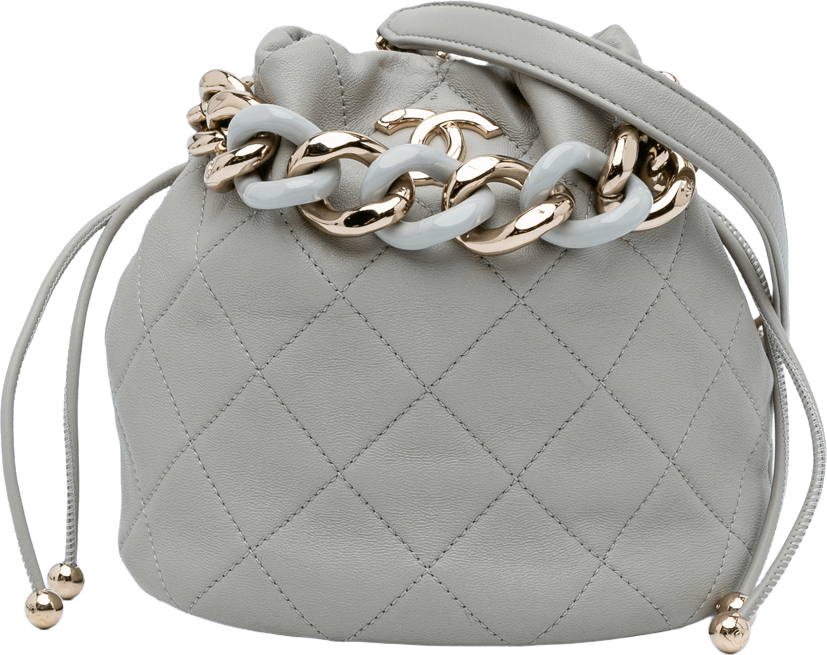 Chanel Cc Quilted Calfskin Resin Bi-color Chain Bucket Bag, från Luxclusif, i färgen gray.