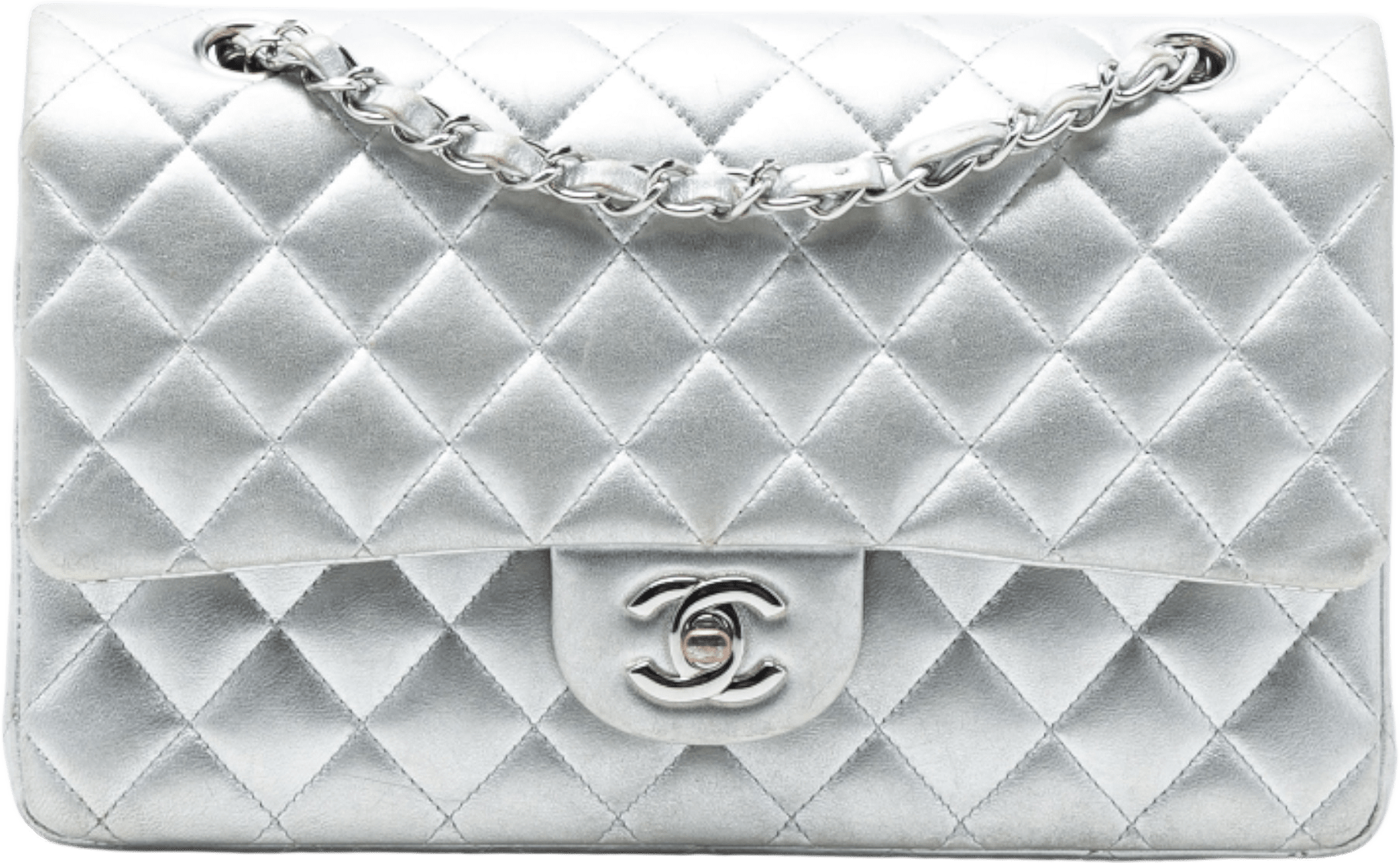 Chanel Medium Classic Metallic Lambskin Double Flap, från Luxclusif, i färgen silver.